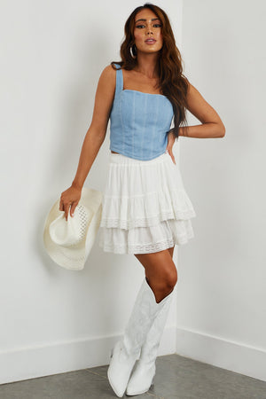 Off White Lace Trim Ruffle Overlay Mini Skirt