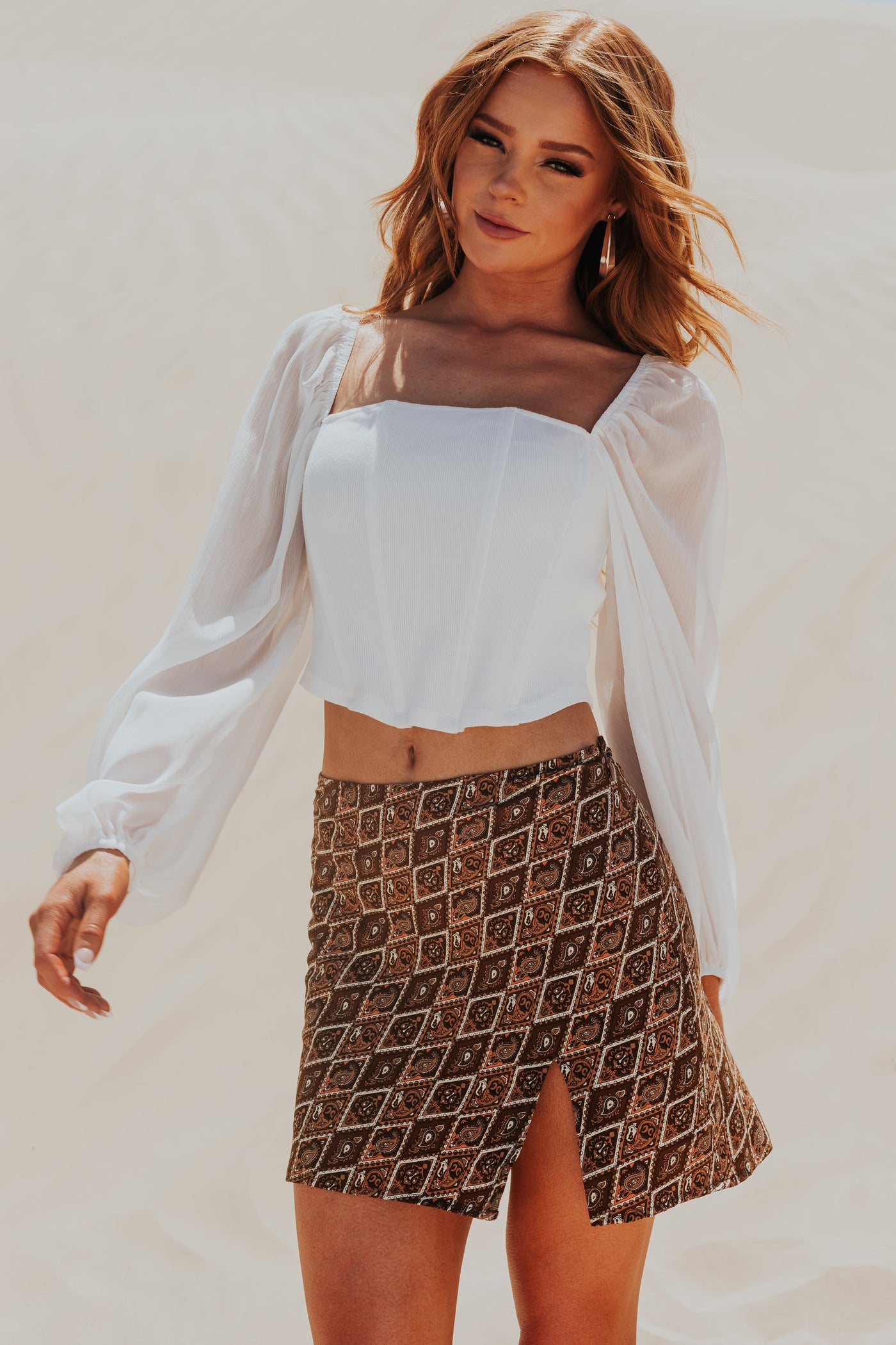 Off White Long Sleeve Square Neck Corset Top