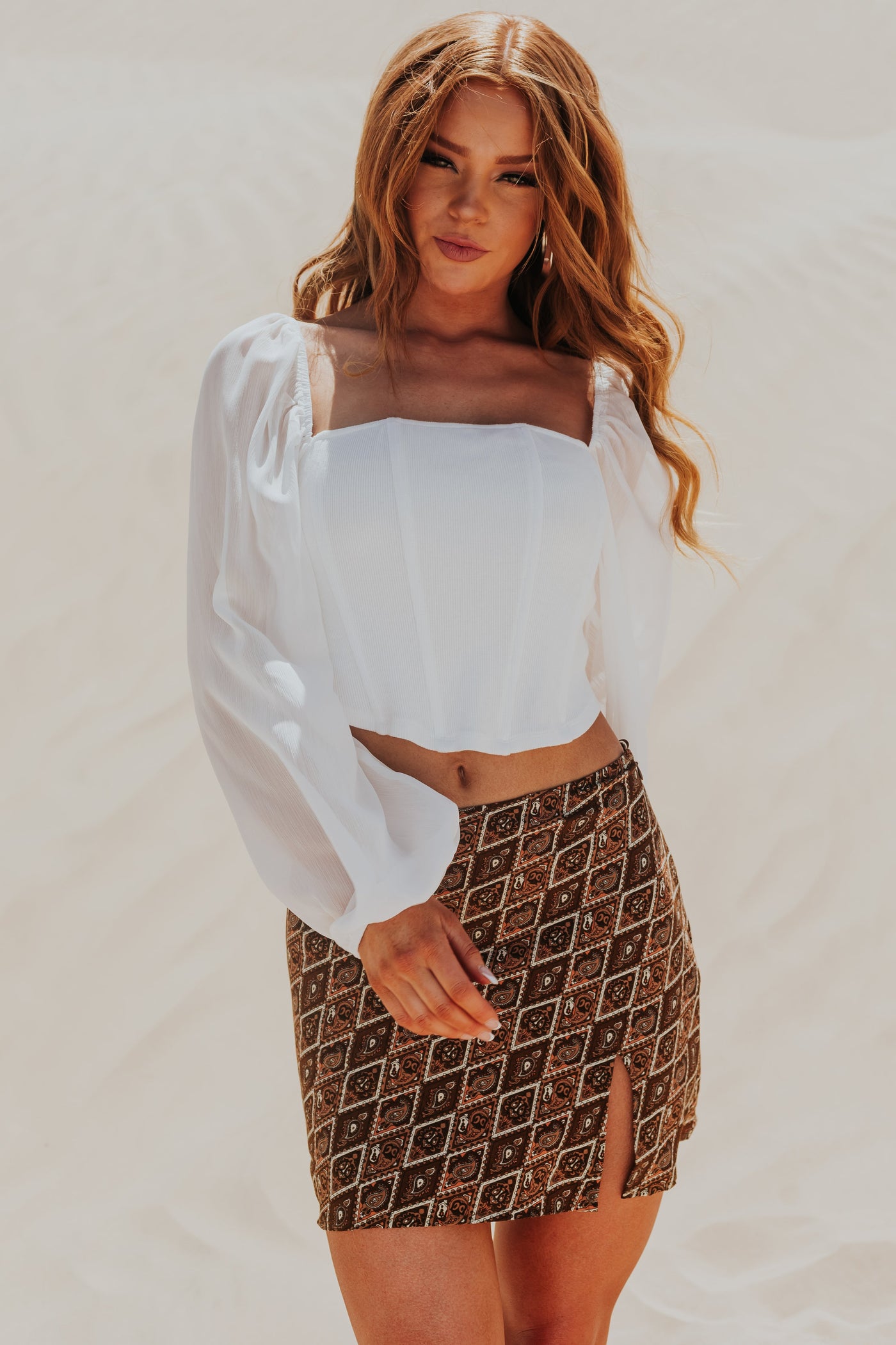 Off White Long Sleeve Square Neck Corset Top