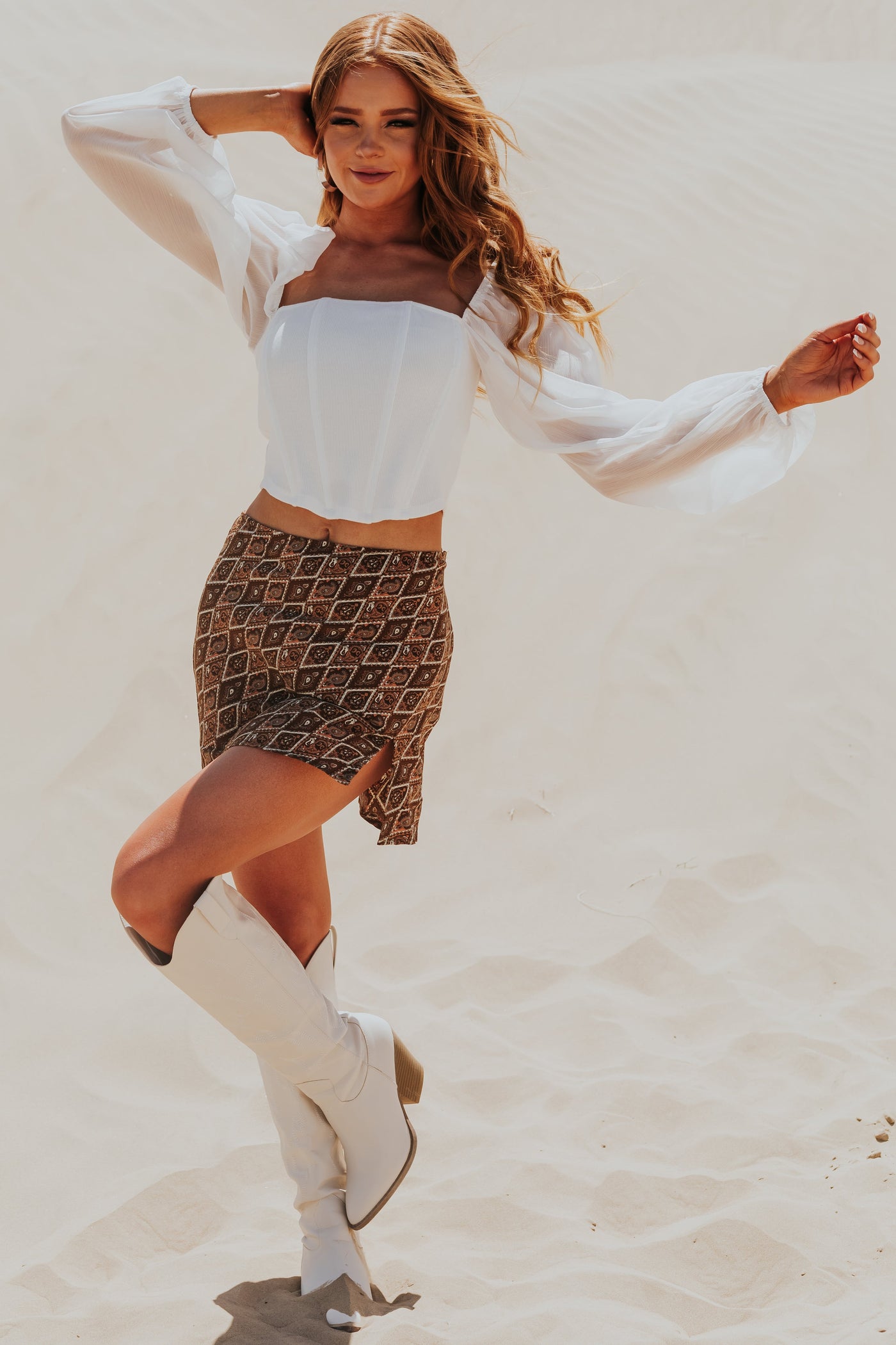 Off White Long Sleeve Square Neck Corset Top