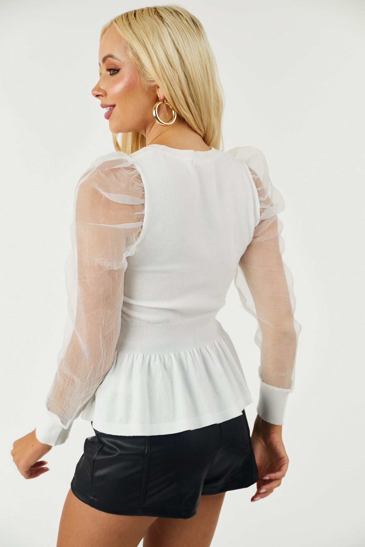 Off White Organza Puff Sleeve Peplum Sweater Top