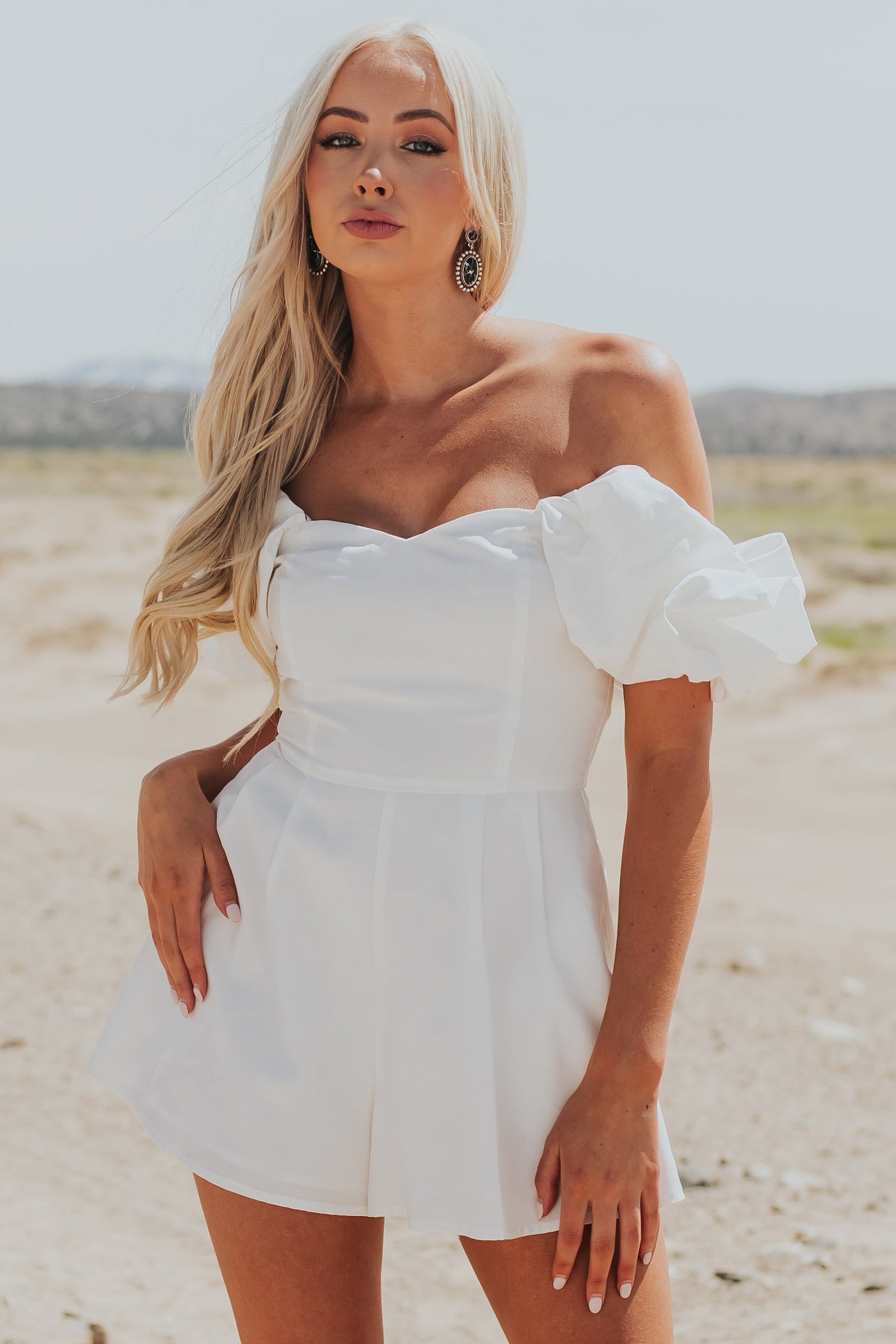 Off White Pleated Off the Shoulder Woven Romper
