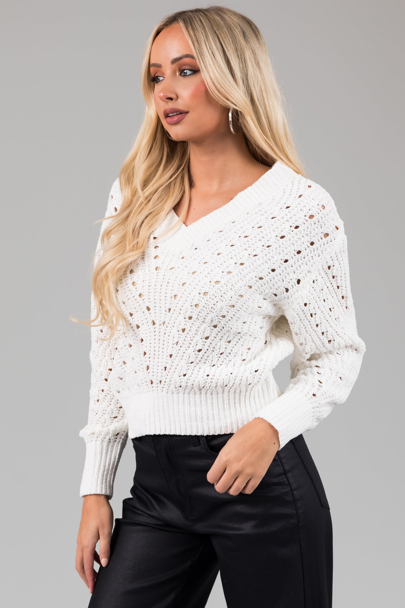Off White Pointelle Cut Out Chenille Sweater