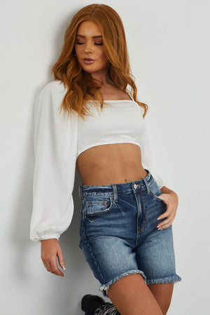 Off White Satin Bubble Sleeve Smocked Crop Top