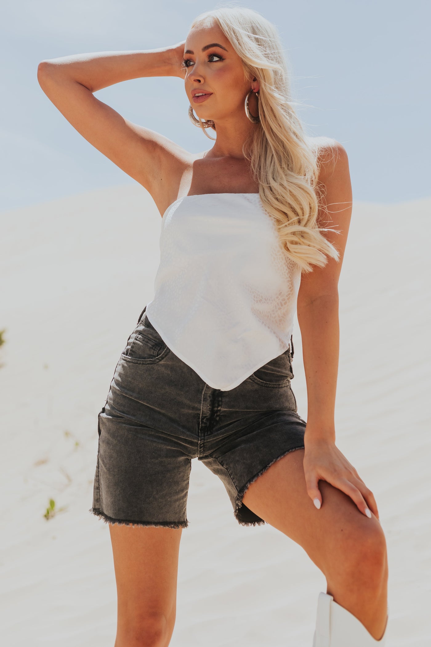 Off White Satin Leopard Smocked Bandana Style Top