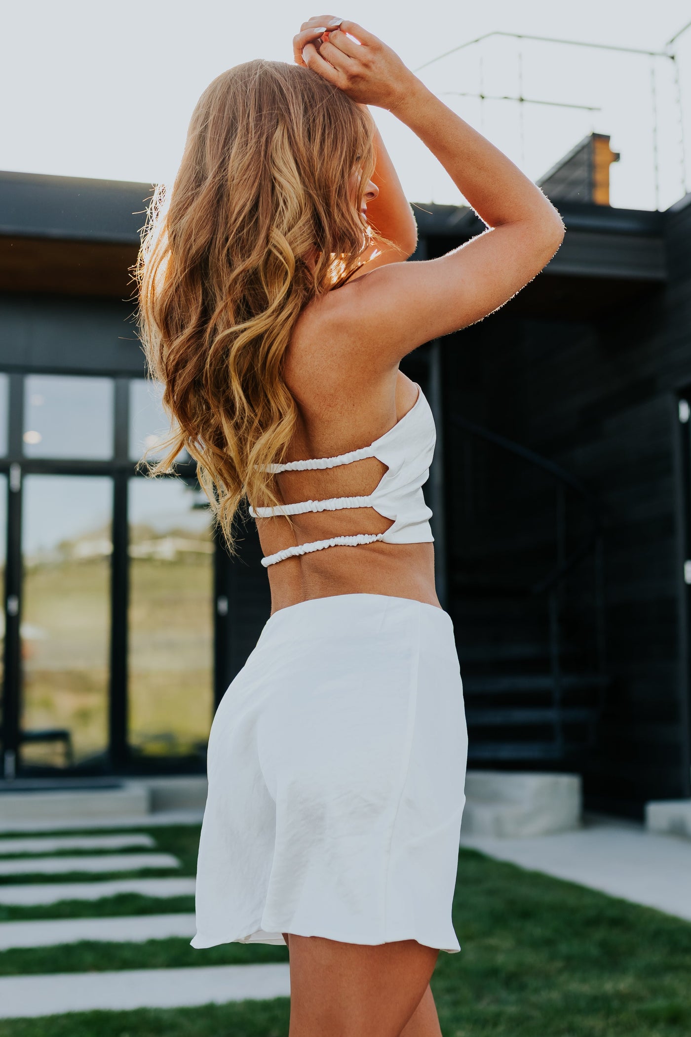 Off White Satin Strapless Top and Mini Skirt Set