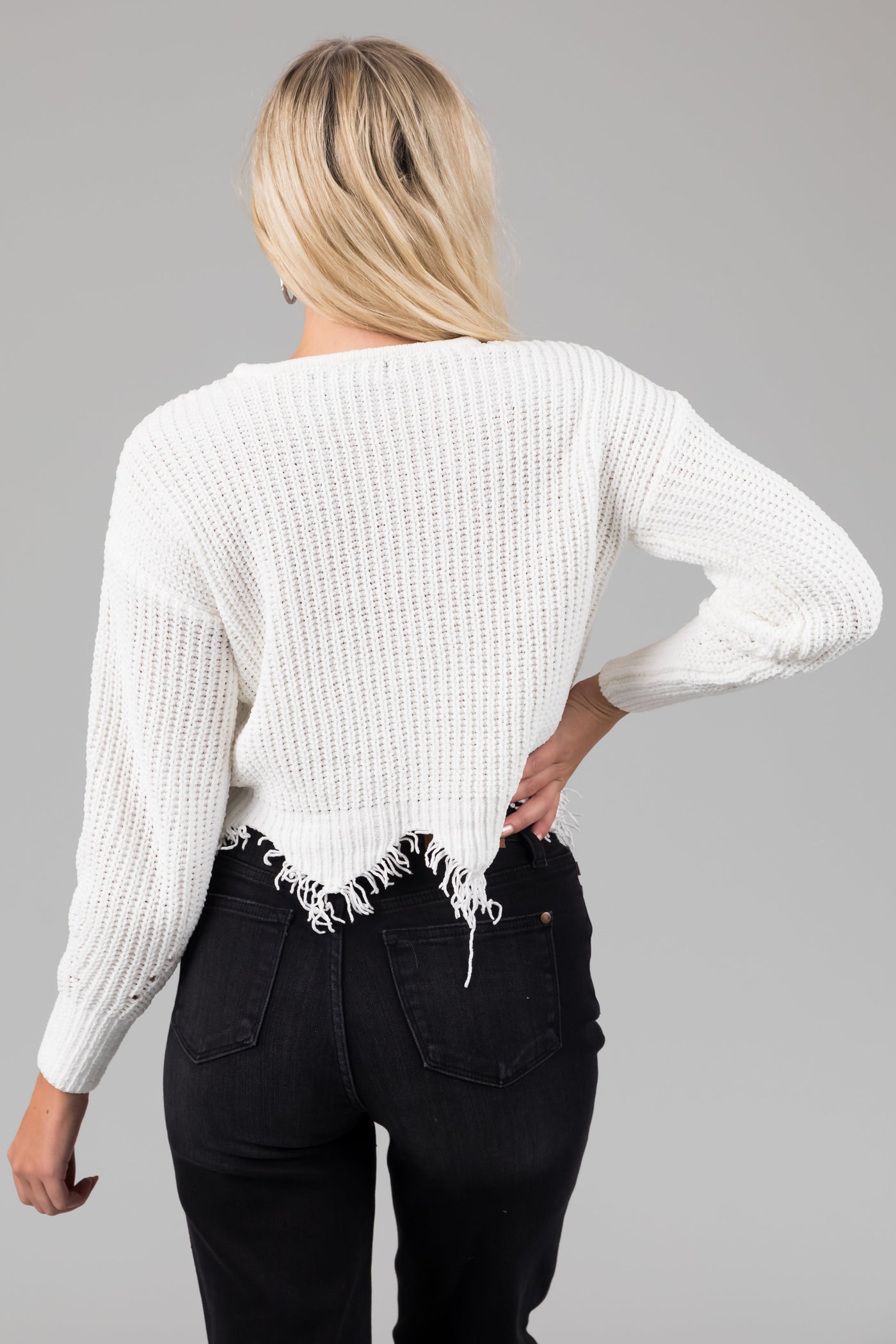 Off White Scalloped Fringe Hem Chenille Sweater