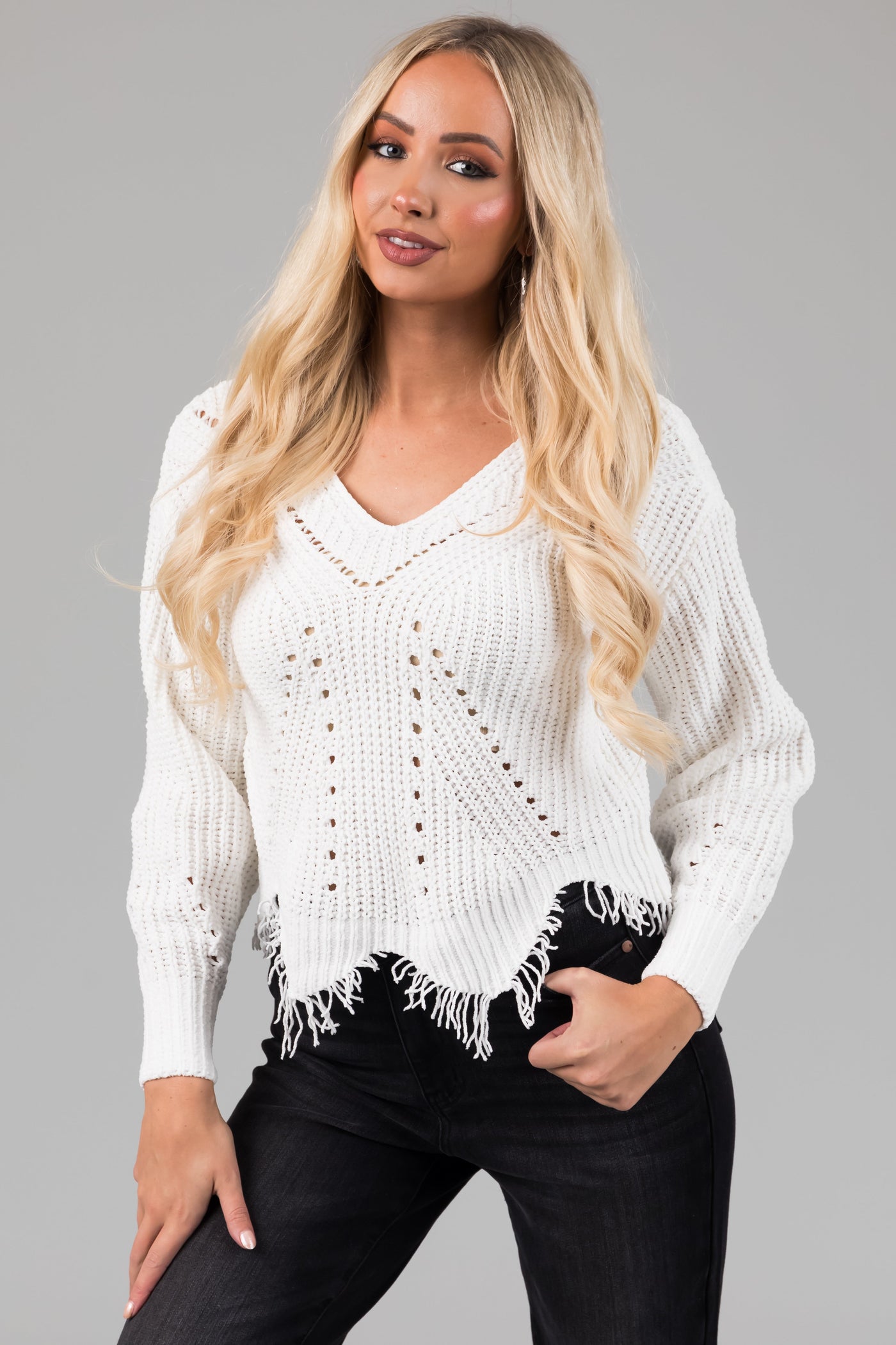 Off White Scalloped Fringe Hem Chenille Sweater