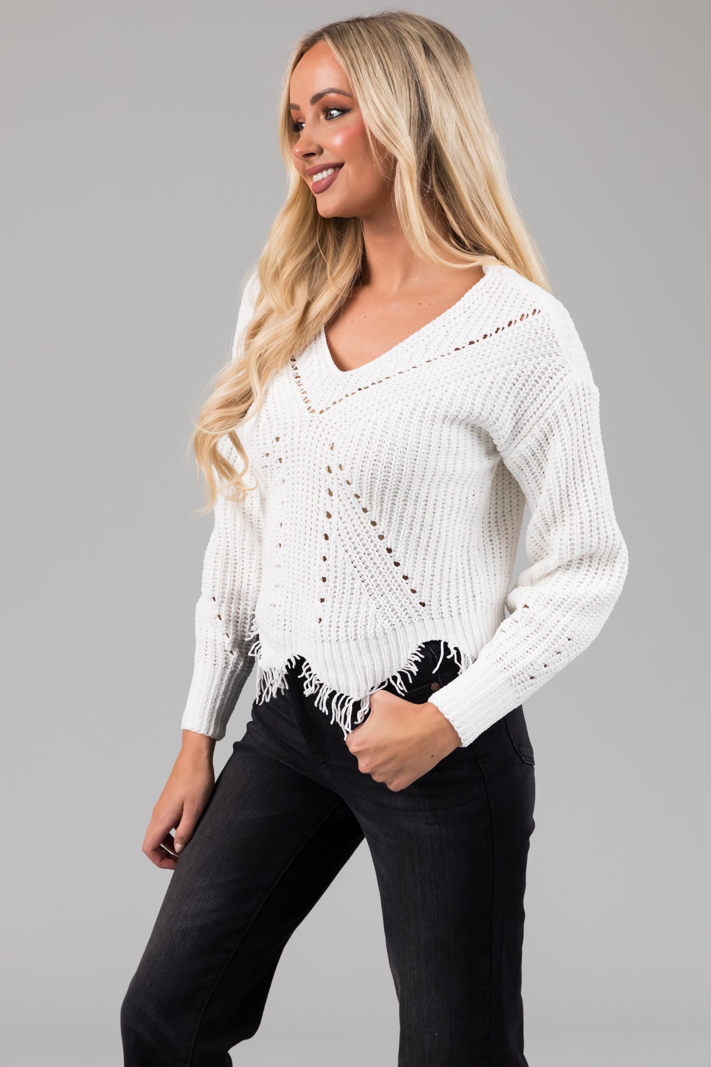 Off White Scalloped Fringe Hem Chenille Sweater