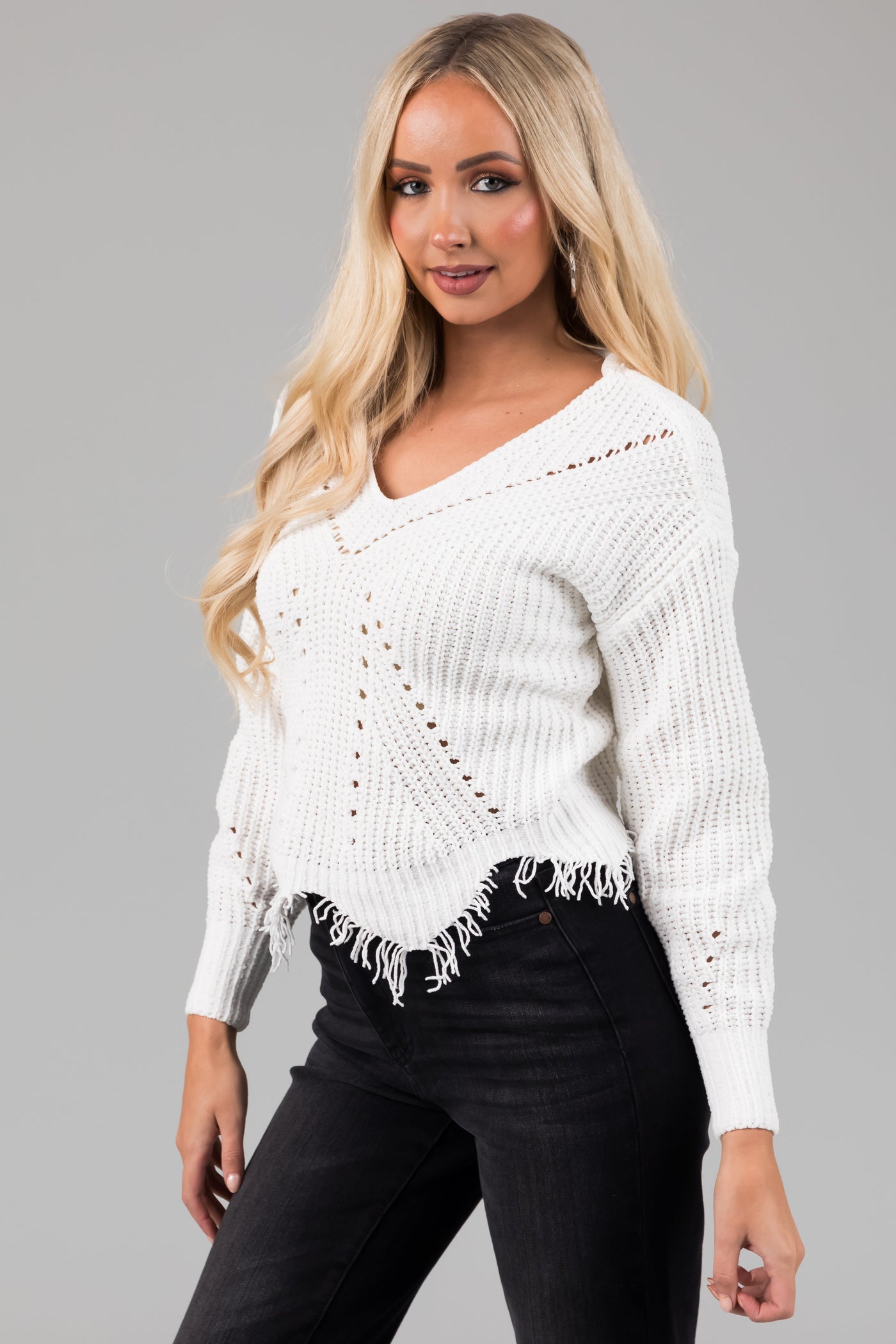 Off White Scalloped Fringe Hem Chenille Sweater