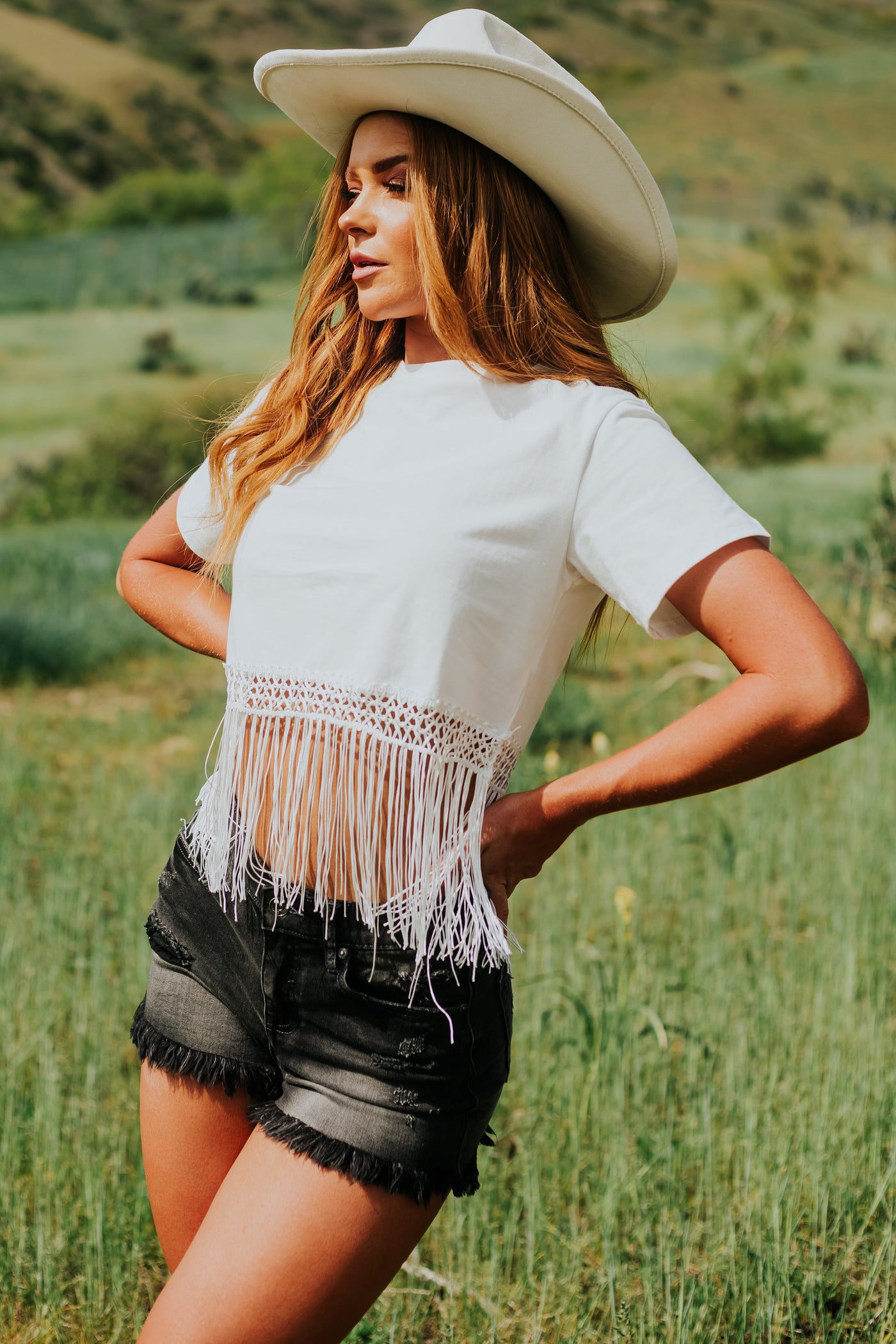 Off White Short Sleeve Fringe Detail Top