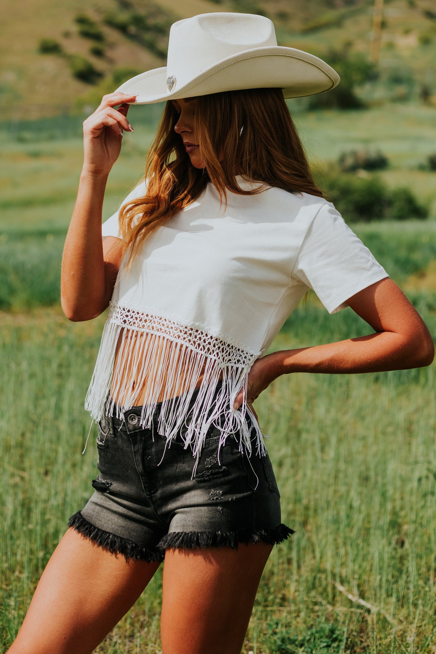 Off White Short Sleeve Fringe Detail Top