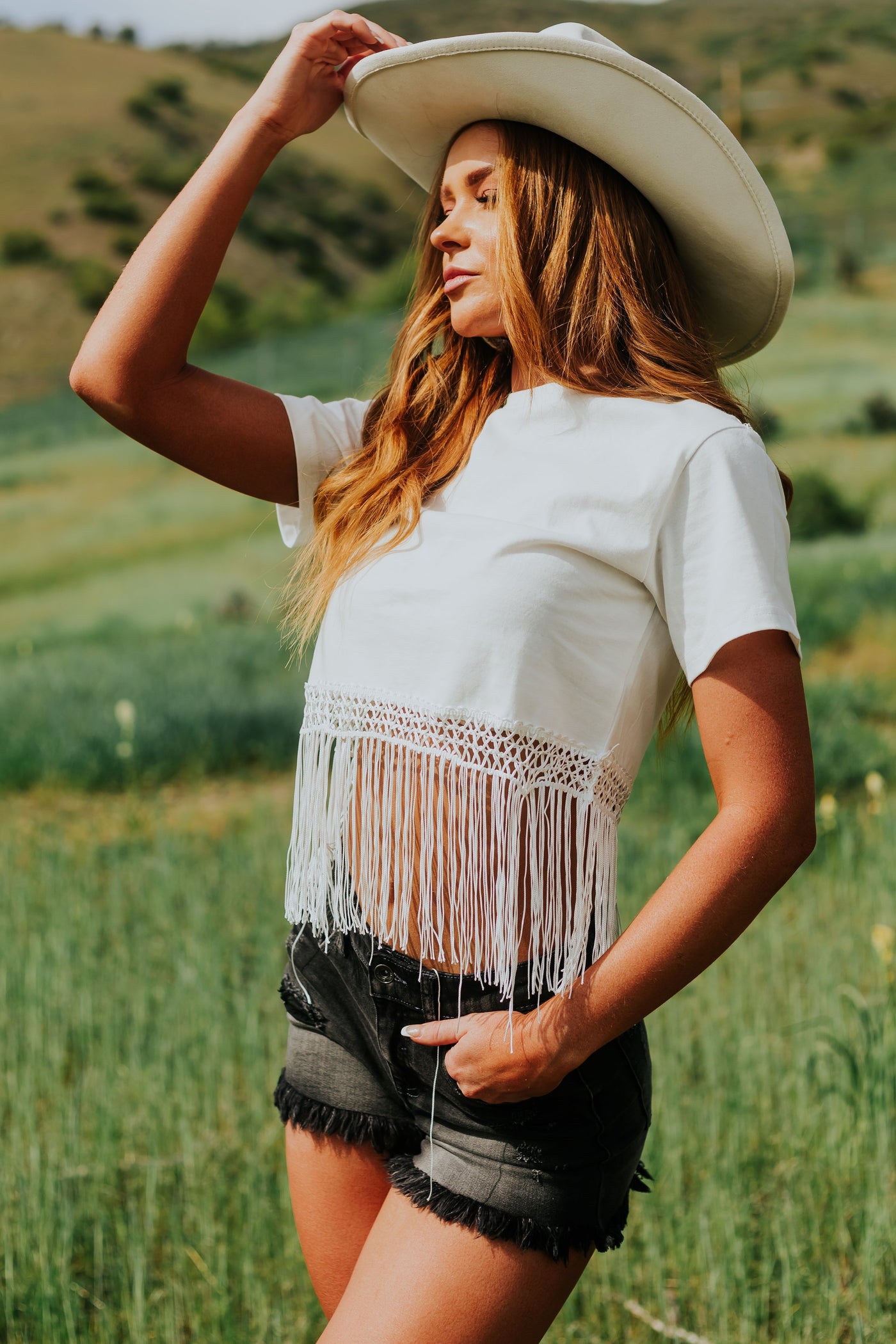 Off White Short Sleeve Fringe Detail Top