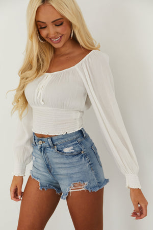 Off White Smocked Waist Long Sleeve Crop Top