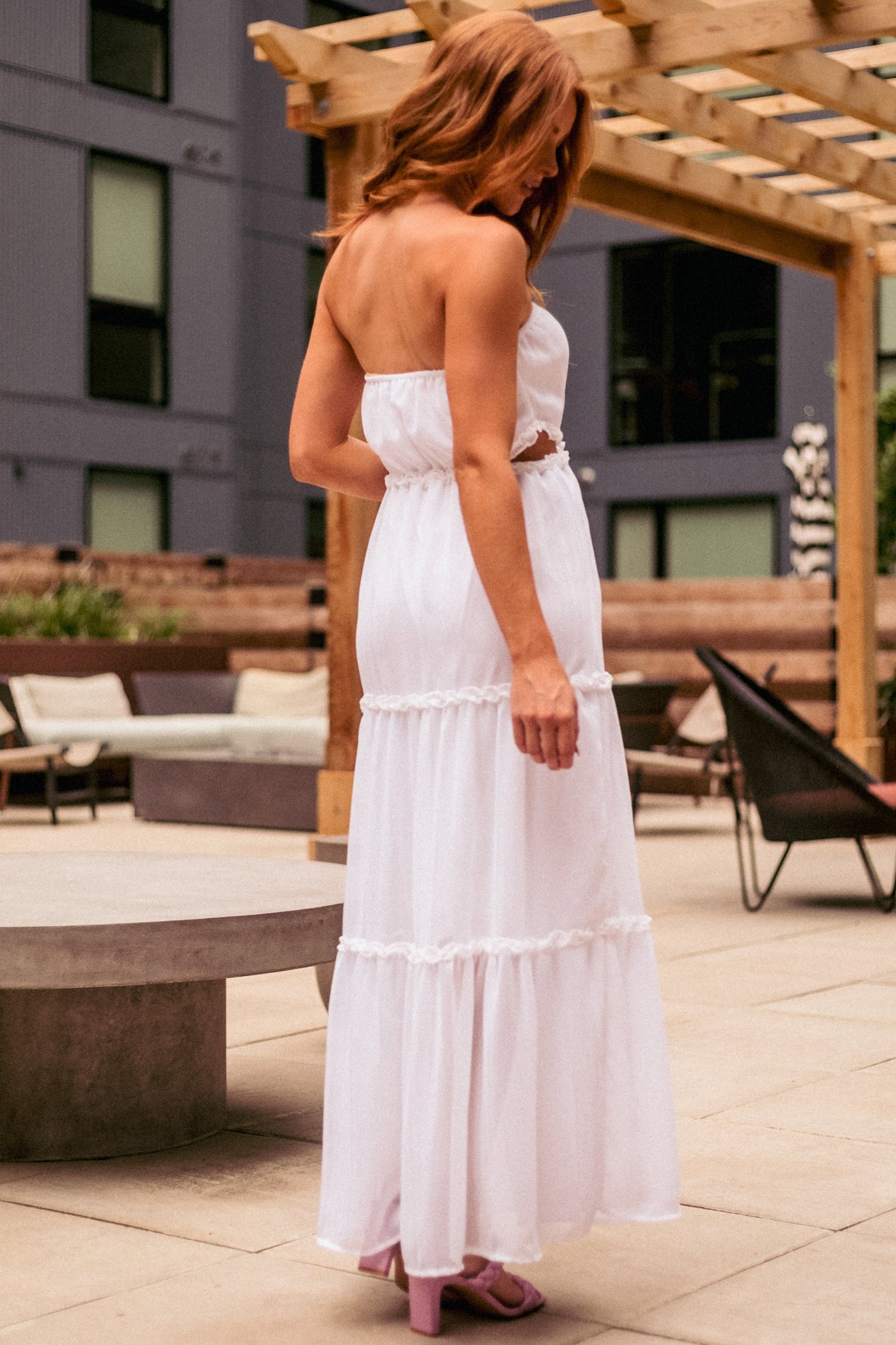 Off White Strapless Maxi Dress with Side Cut Outs