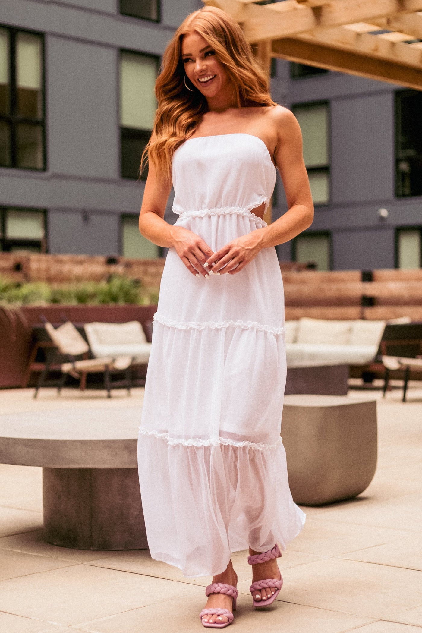 Off White Strapless Maxi Dress with Side Cut Outs