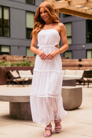Off White Strapless Maxi Dress with Side Cut Outs