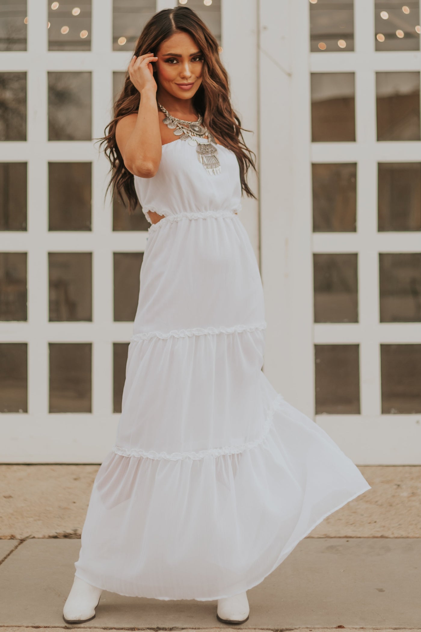 Off White Strapless Maxi Dress with Side Cut Outs
