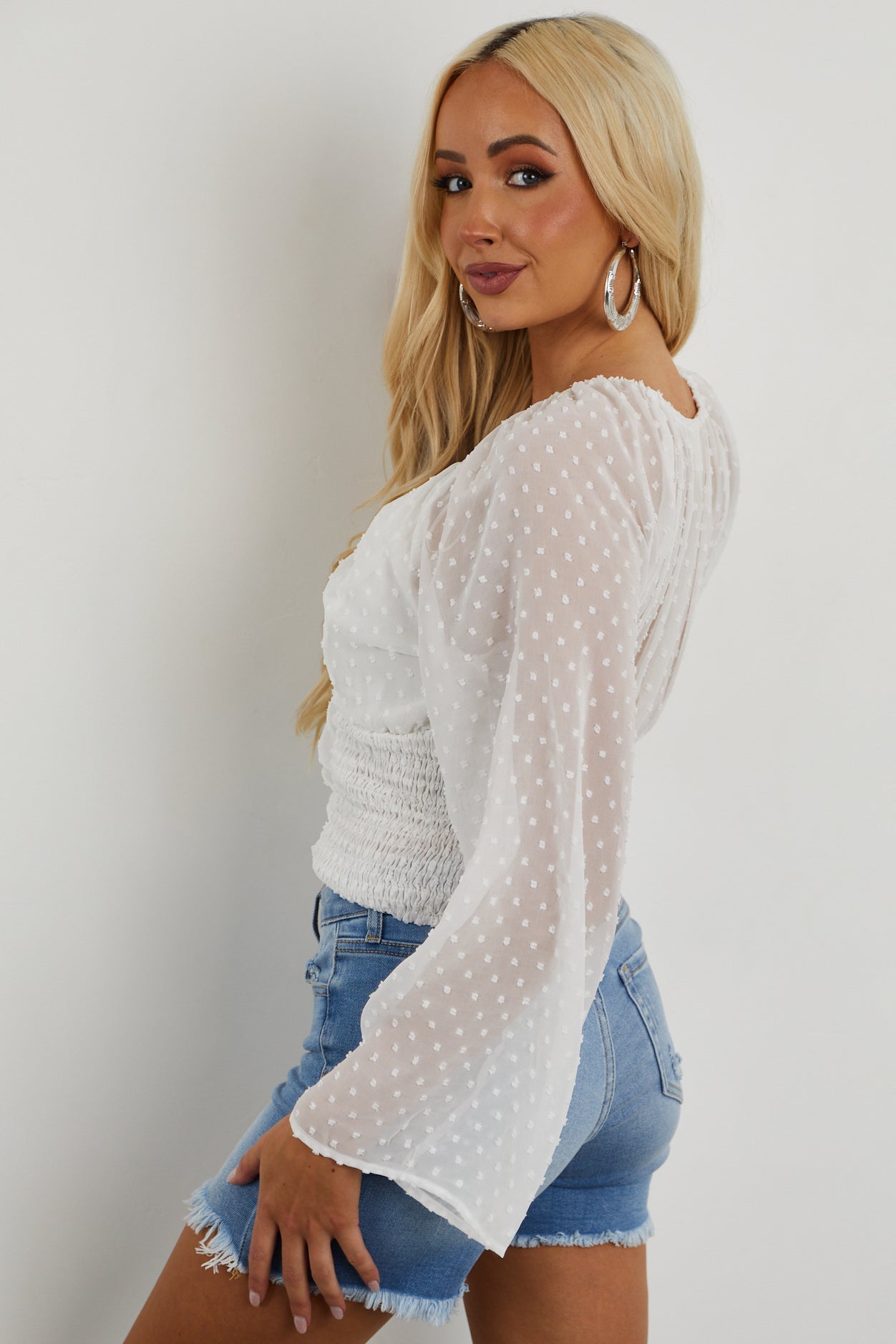 Off White Swiss Dot Ruched Cropped Blouse