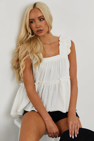 Off White Tank Top with Thick Ruffled Straps