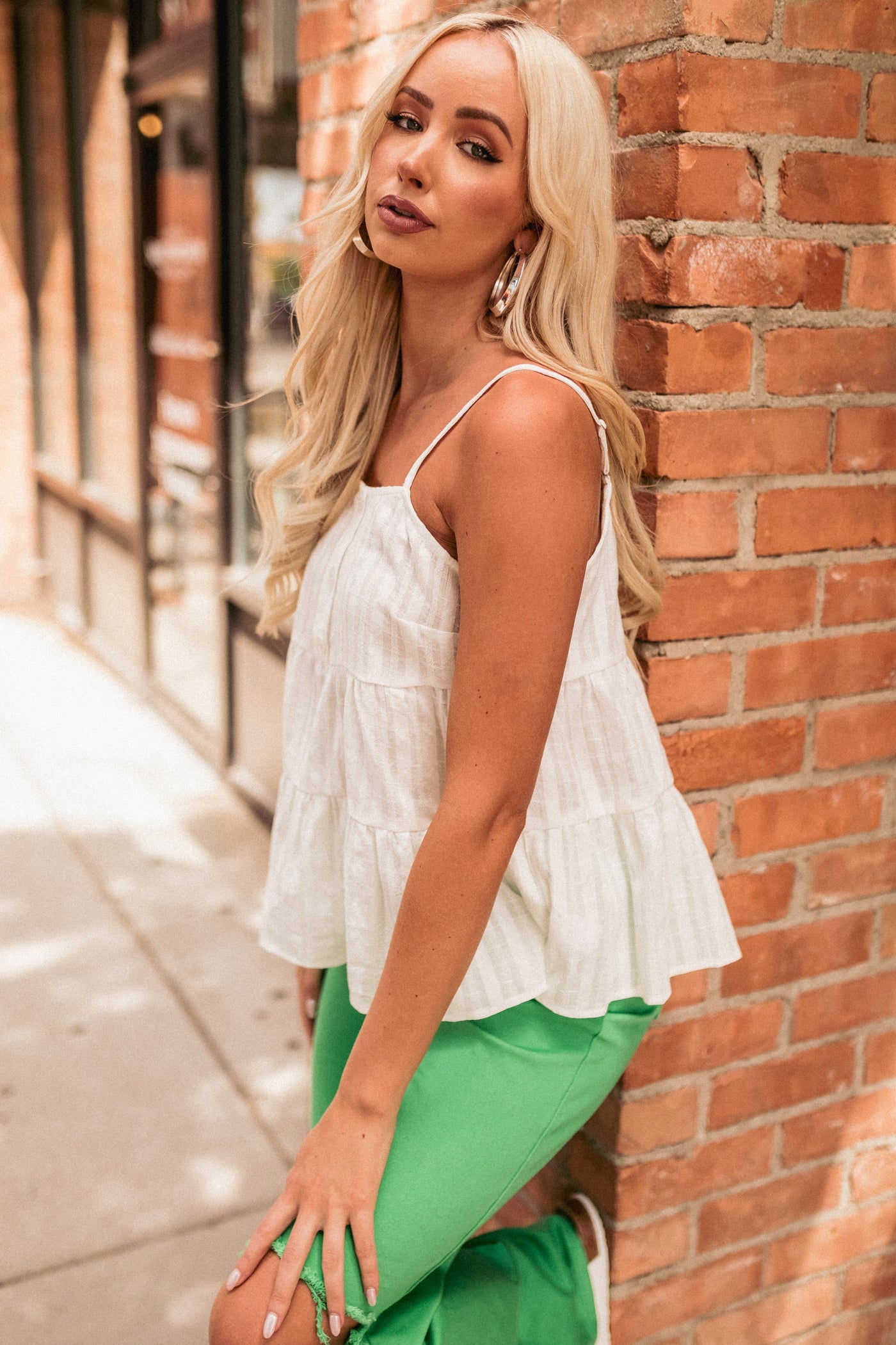 Off White Textured Tiered Woven Cami with Button Details