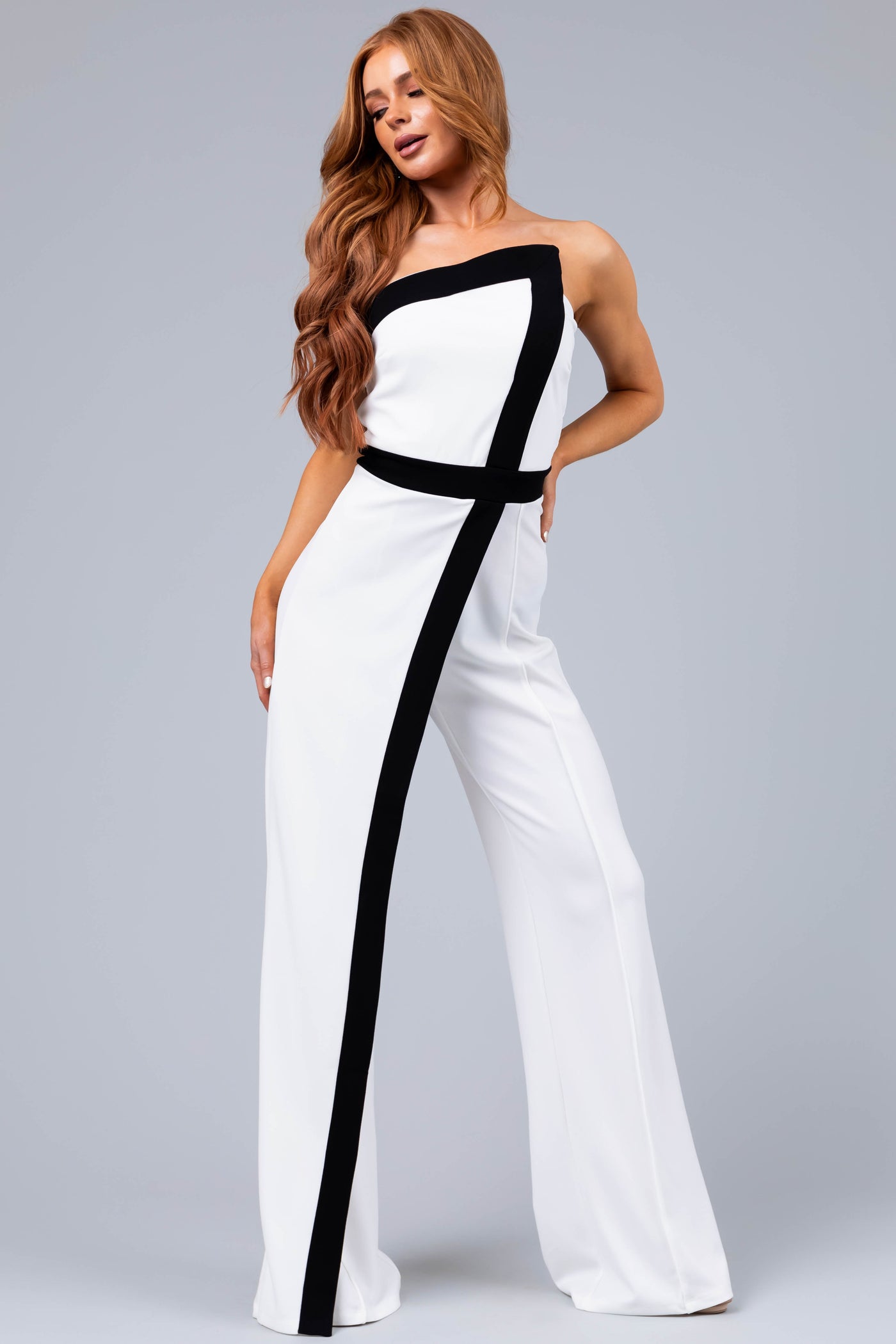Off White and Black Strapless Jumpsuit
