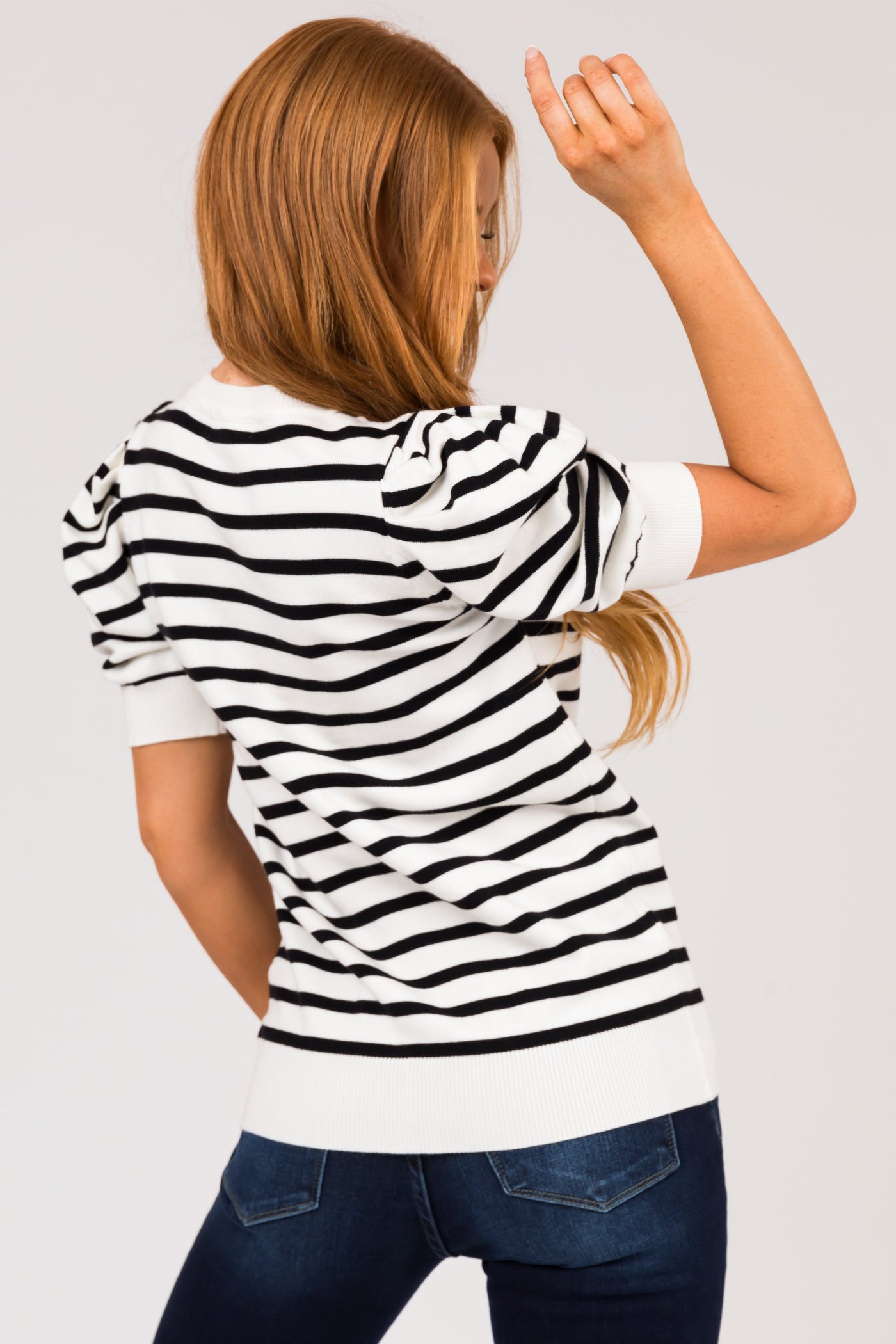 Off White and Black Striped Short Sleeve Sweater