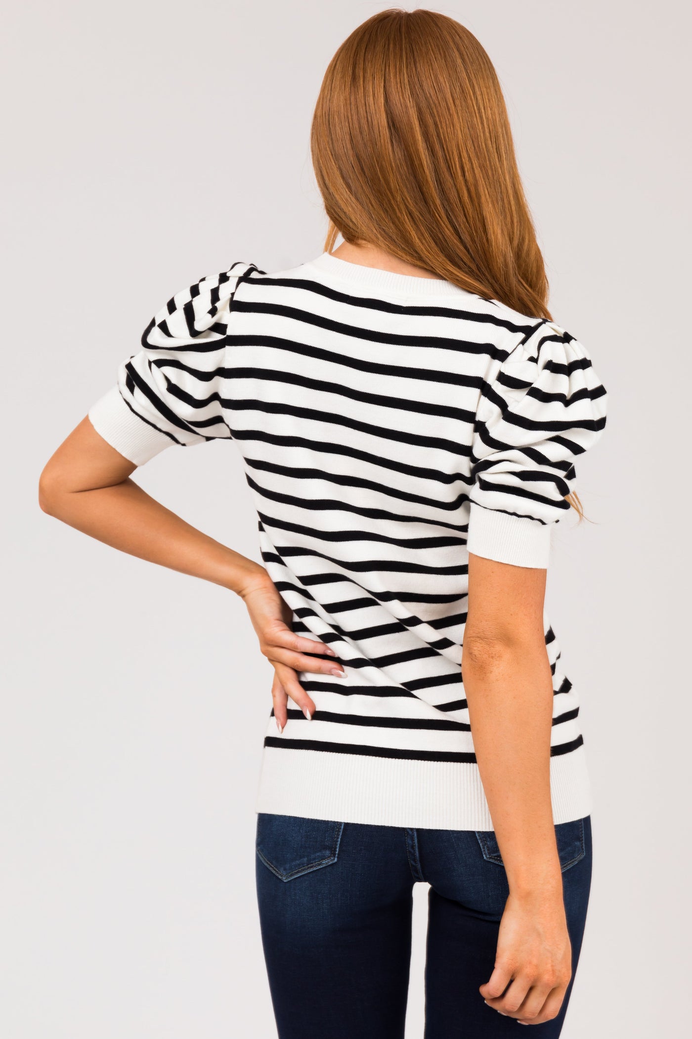 Off White and Black Striped Short Sleeve Sweater