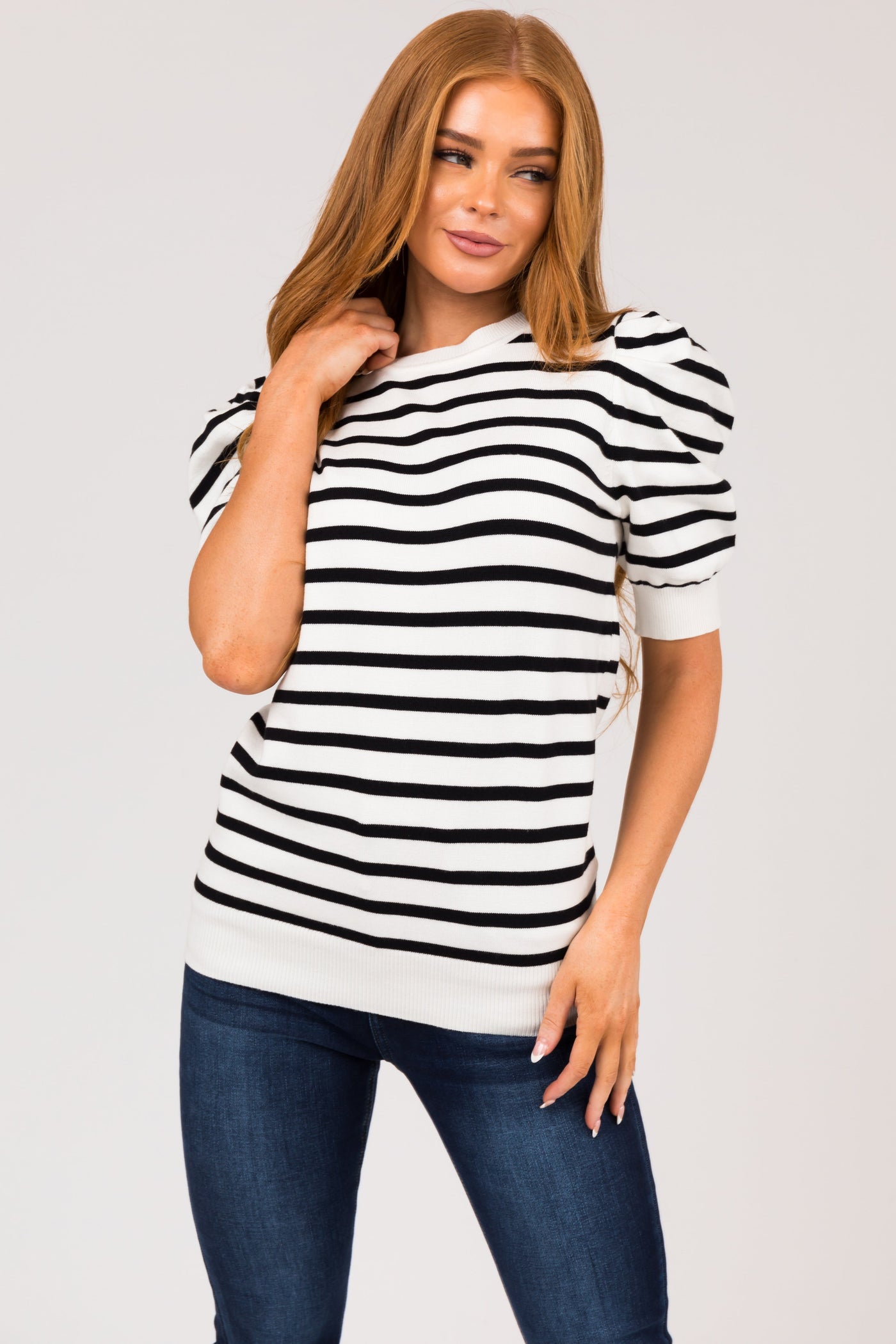 Off White and Black Striped Short Sleeve Sweater