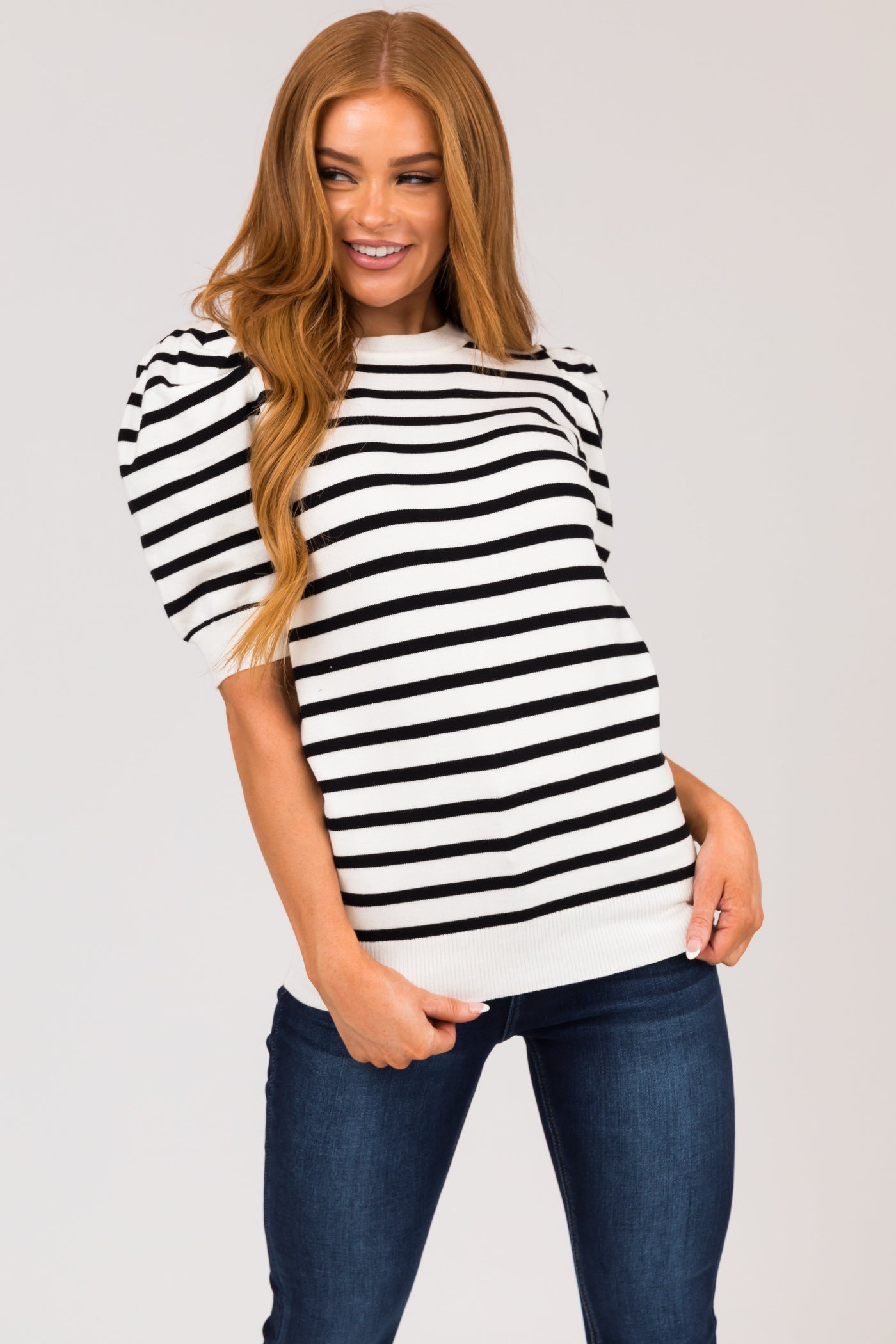 Off White and Black Striped Short Sleeve Sweater
