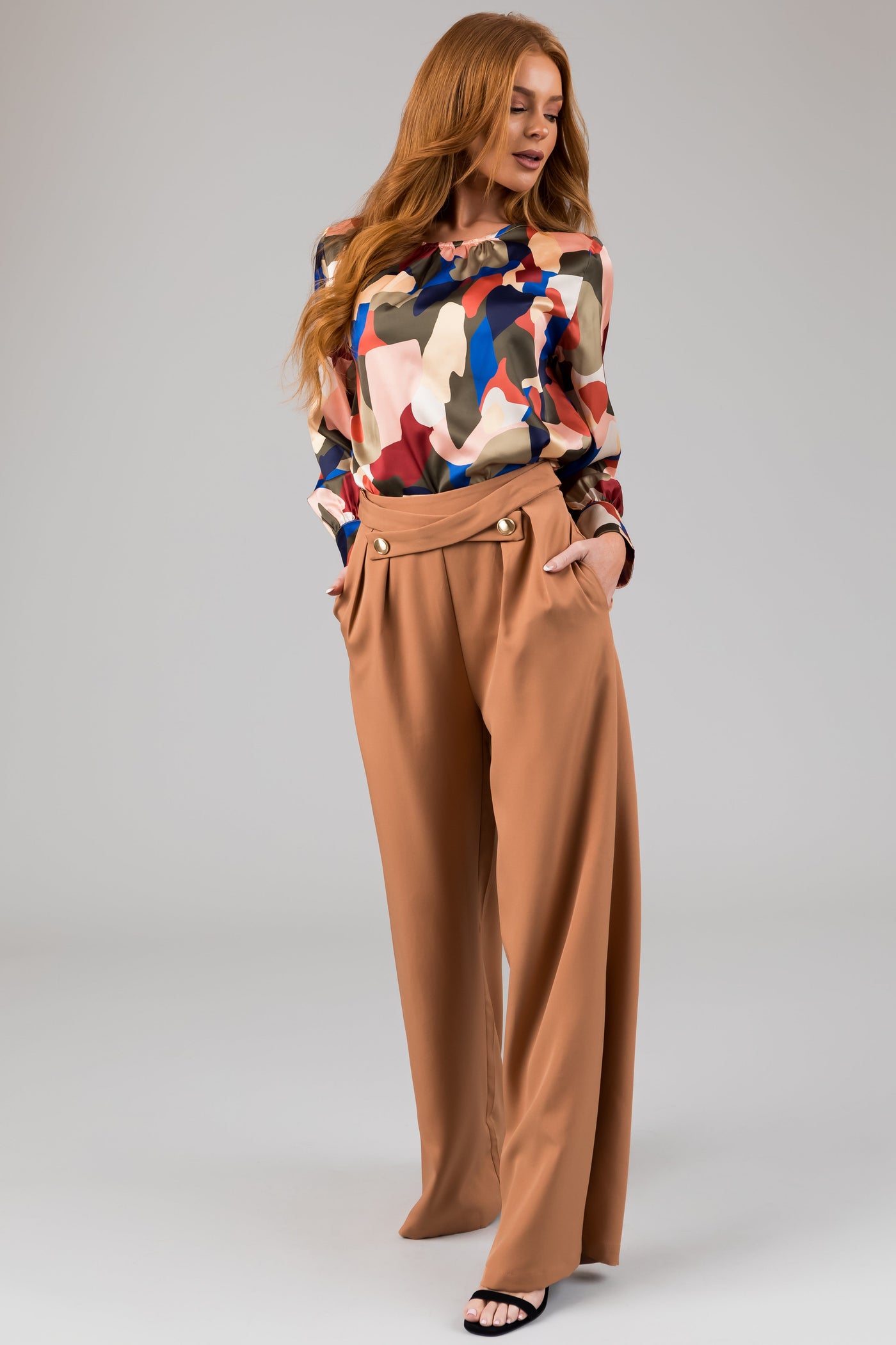 Olive Abstract Print Satin Long Sleeve Blouse