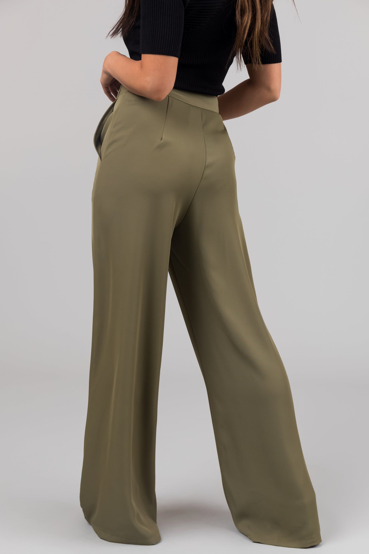 Olive Buckle Waist Tie Wide Leg Pants