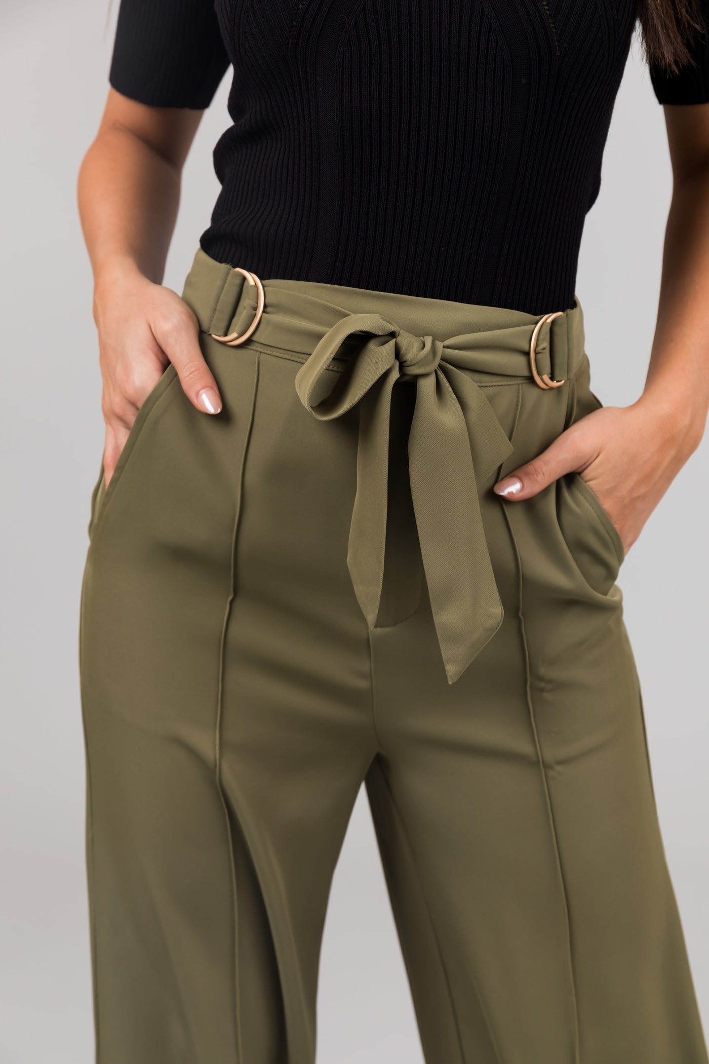 Olive Buckle Waist Tie Wide Leg Pants