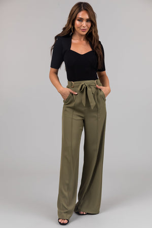 Olive Buckle Waist Tie Wide Leg Pants