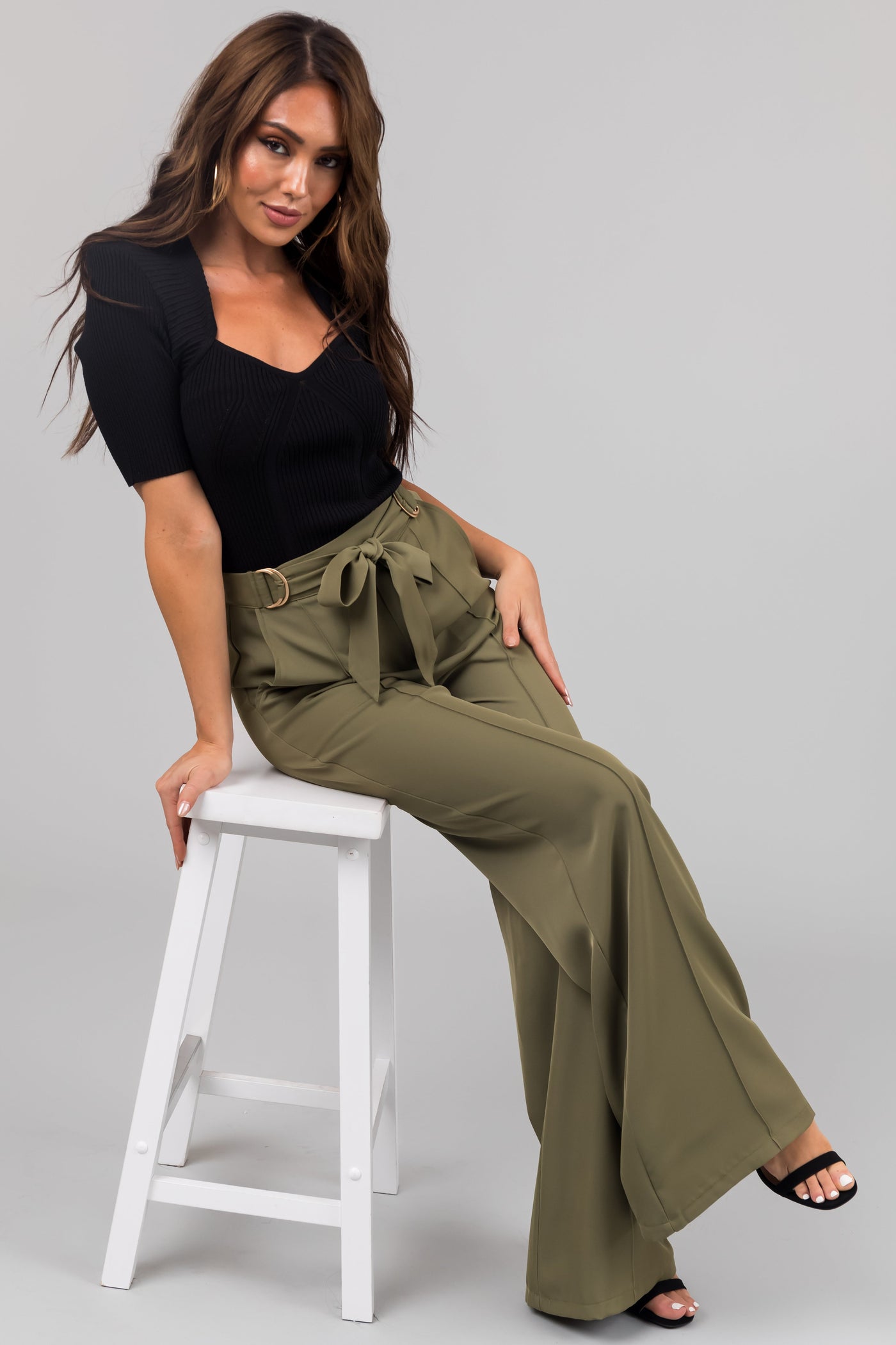 Olive Buckle Waist Tie Wide Leg Pants