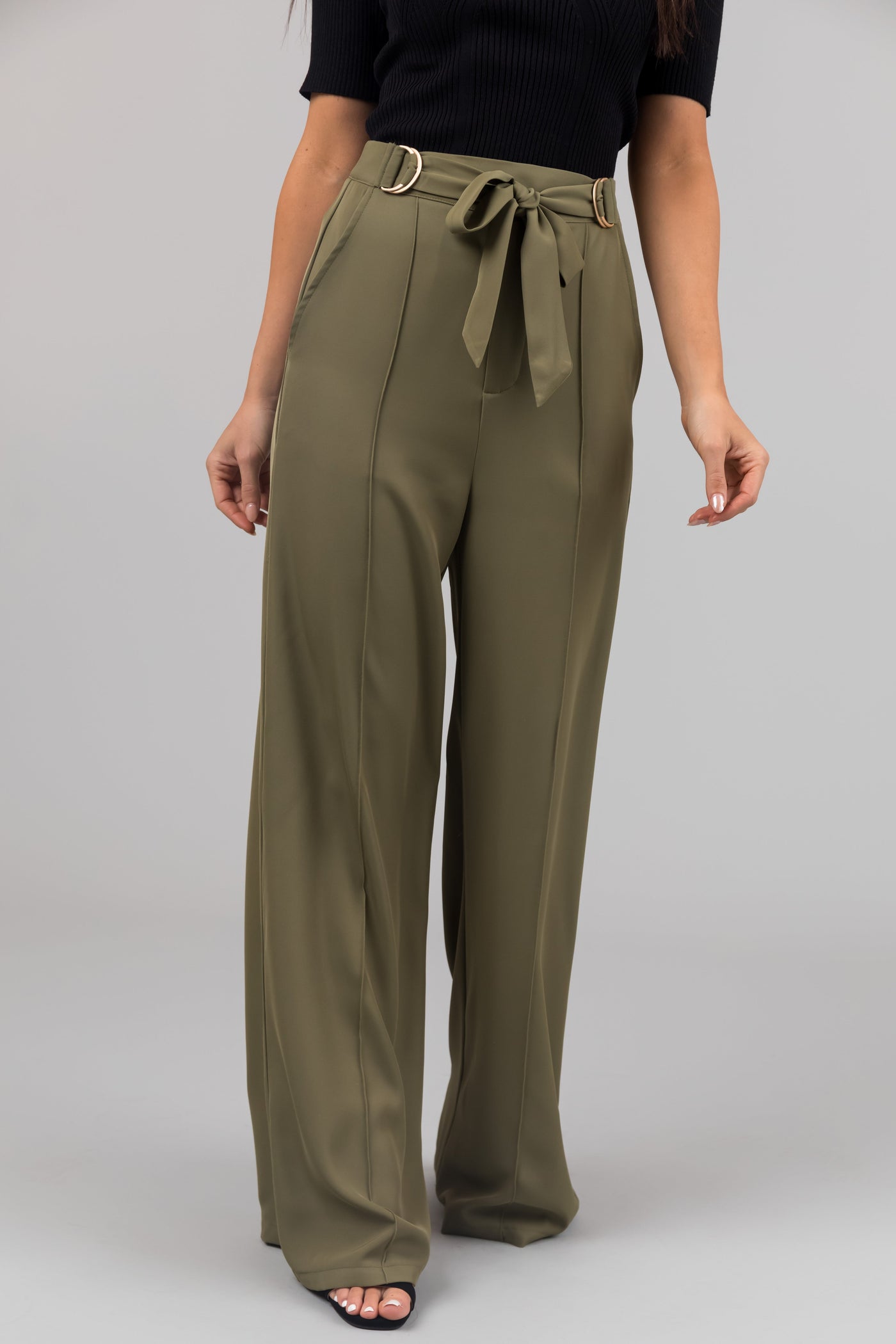 Olive Buckle Waist Tie Wide Leg Pants