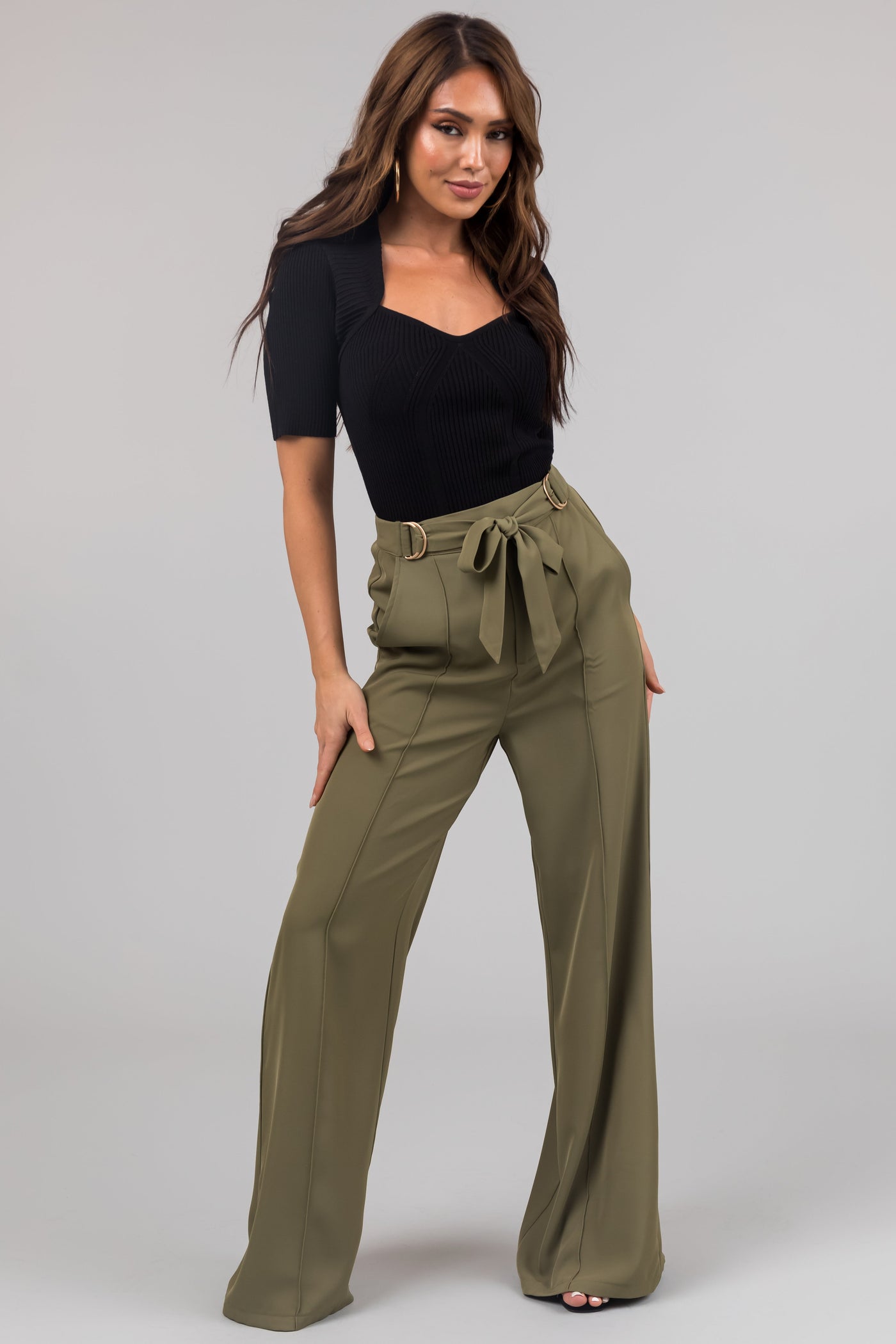 Olive Buckle Waist Tie Wide Leg Pants