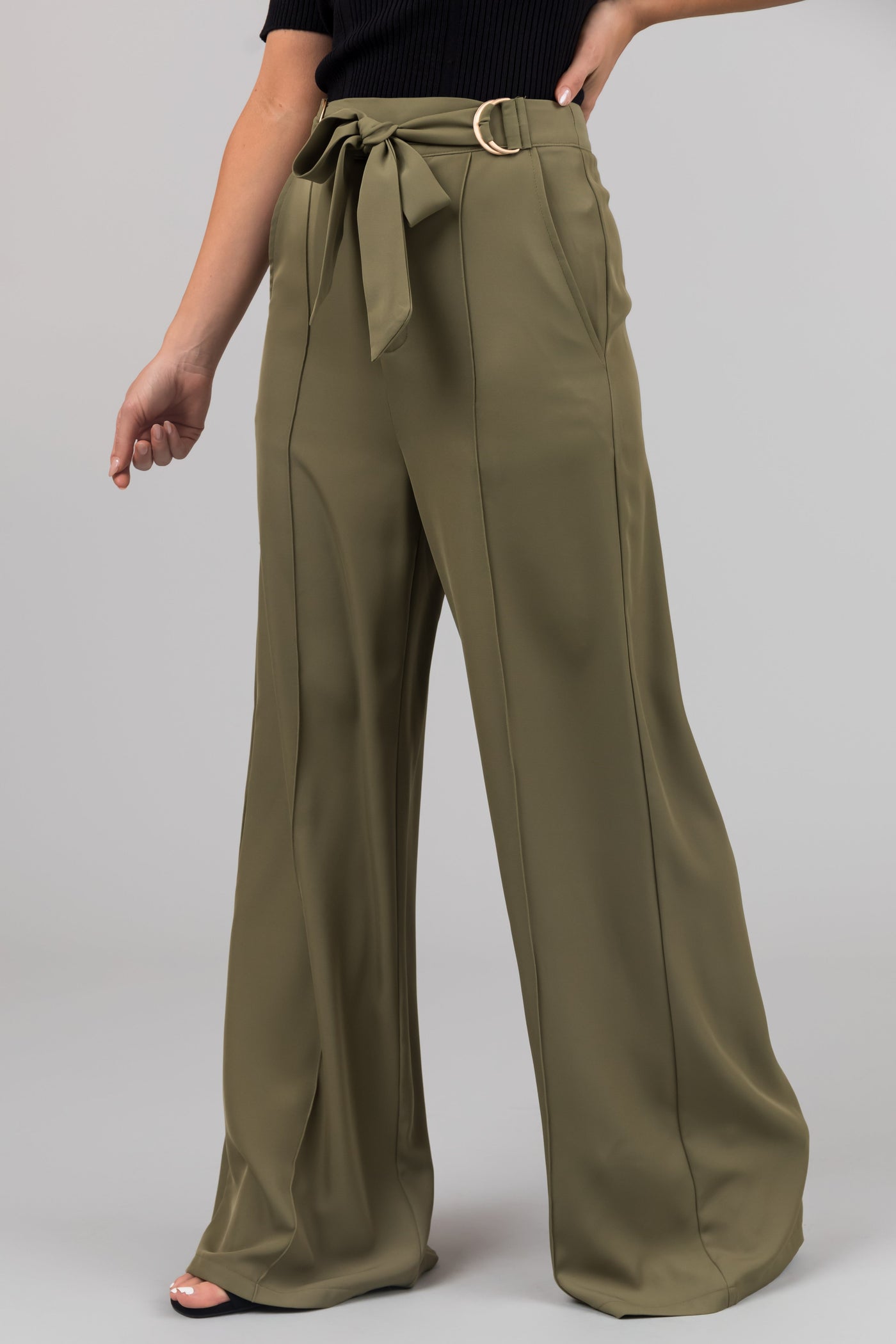 Olive Buckle Waist Tie Wide Leg Pants