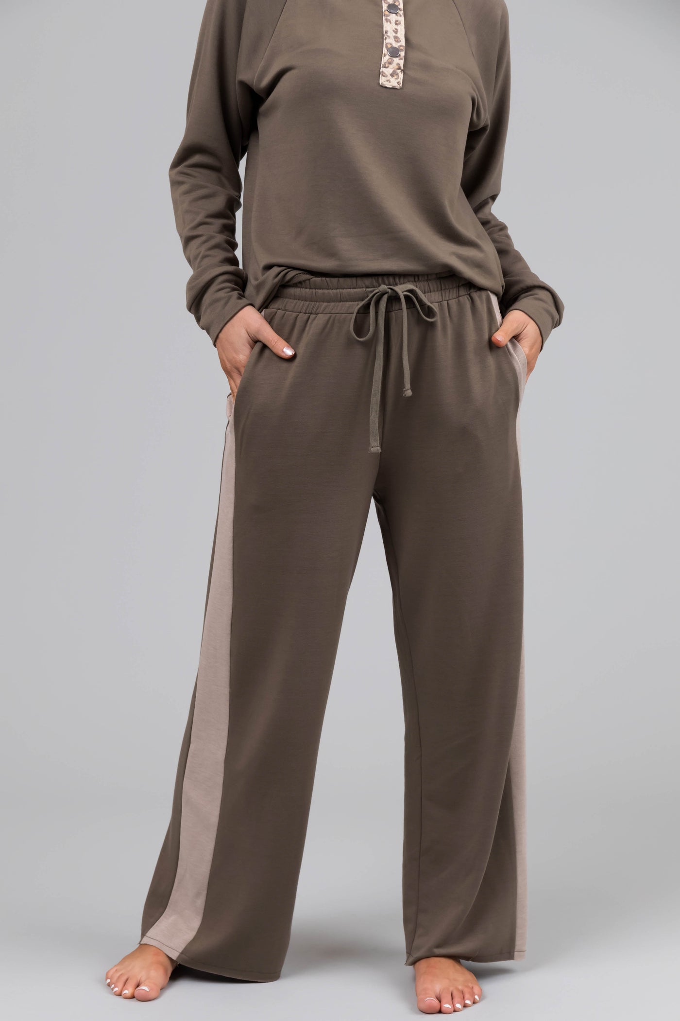 Olive Leopard Contrast Wide Leg Matching Set