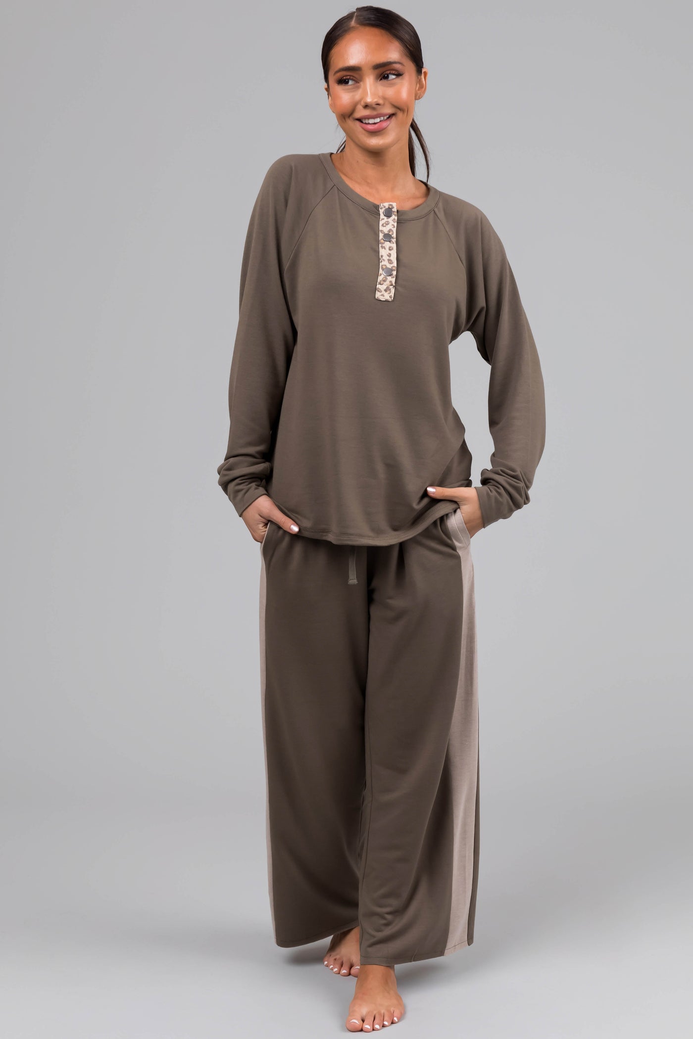 Olive Leopard Contrast Wide Leg Matching Set