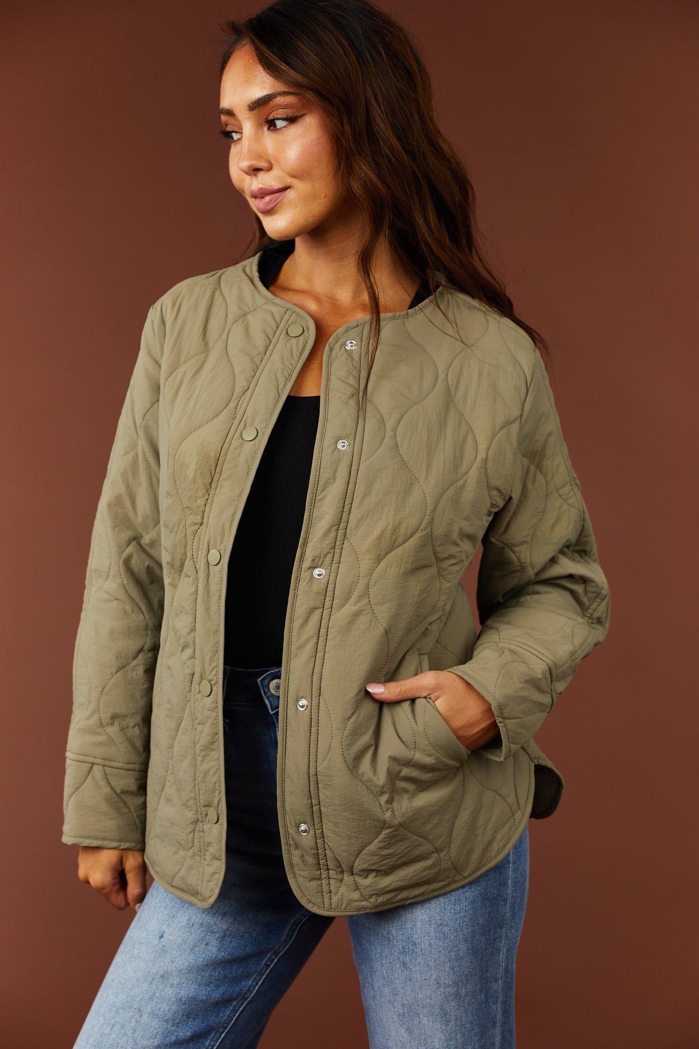 Olive Long Sleeve Button Down Quilted Jacket