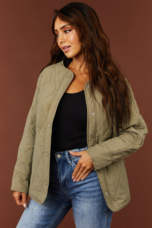 Olive Long Sleeve Button Down Quilted Jacket