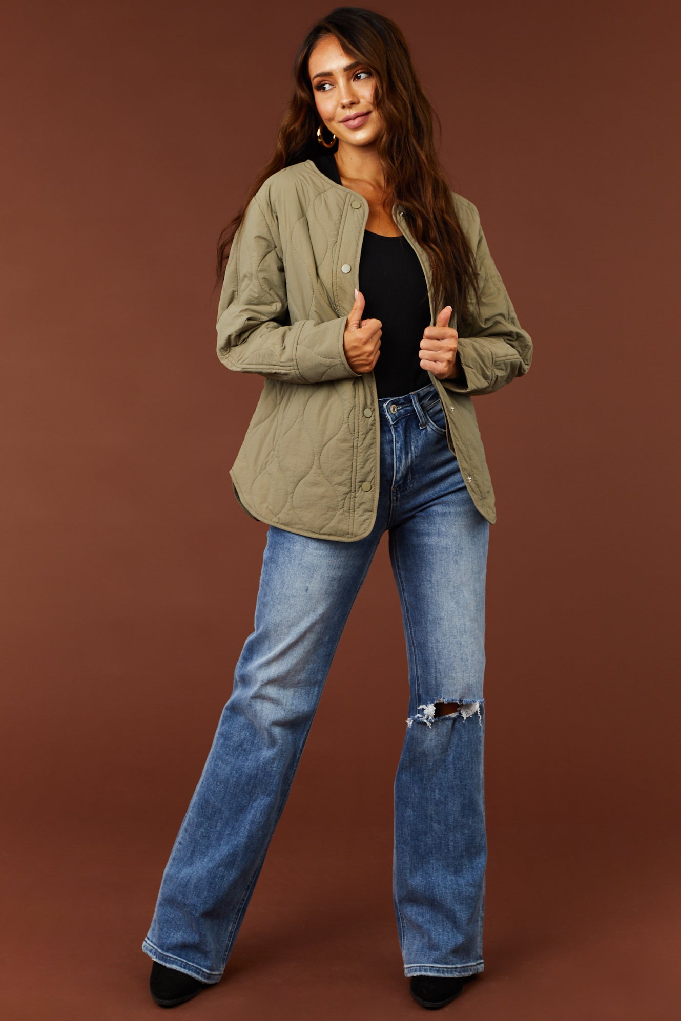 Olive Long Sleeve Button Down Quilted Jacket