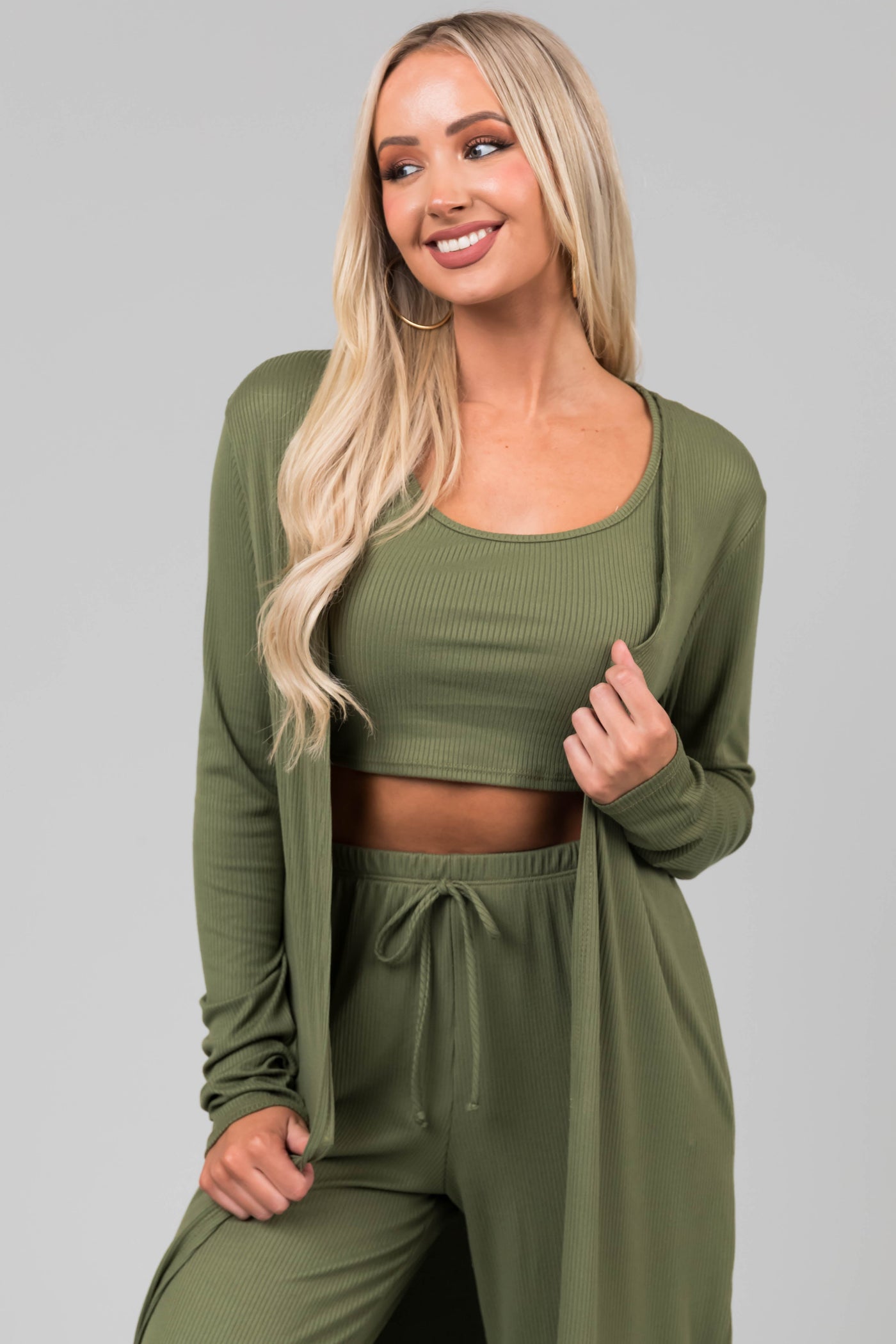Olive Long Sleeve Cardigan 3 Piece Set