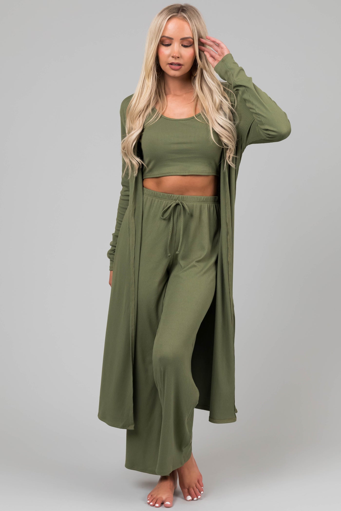 Olive Long Sleeve Cardigan 3 Piece Set
