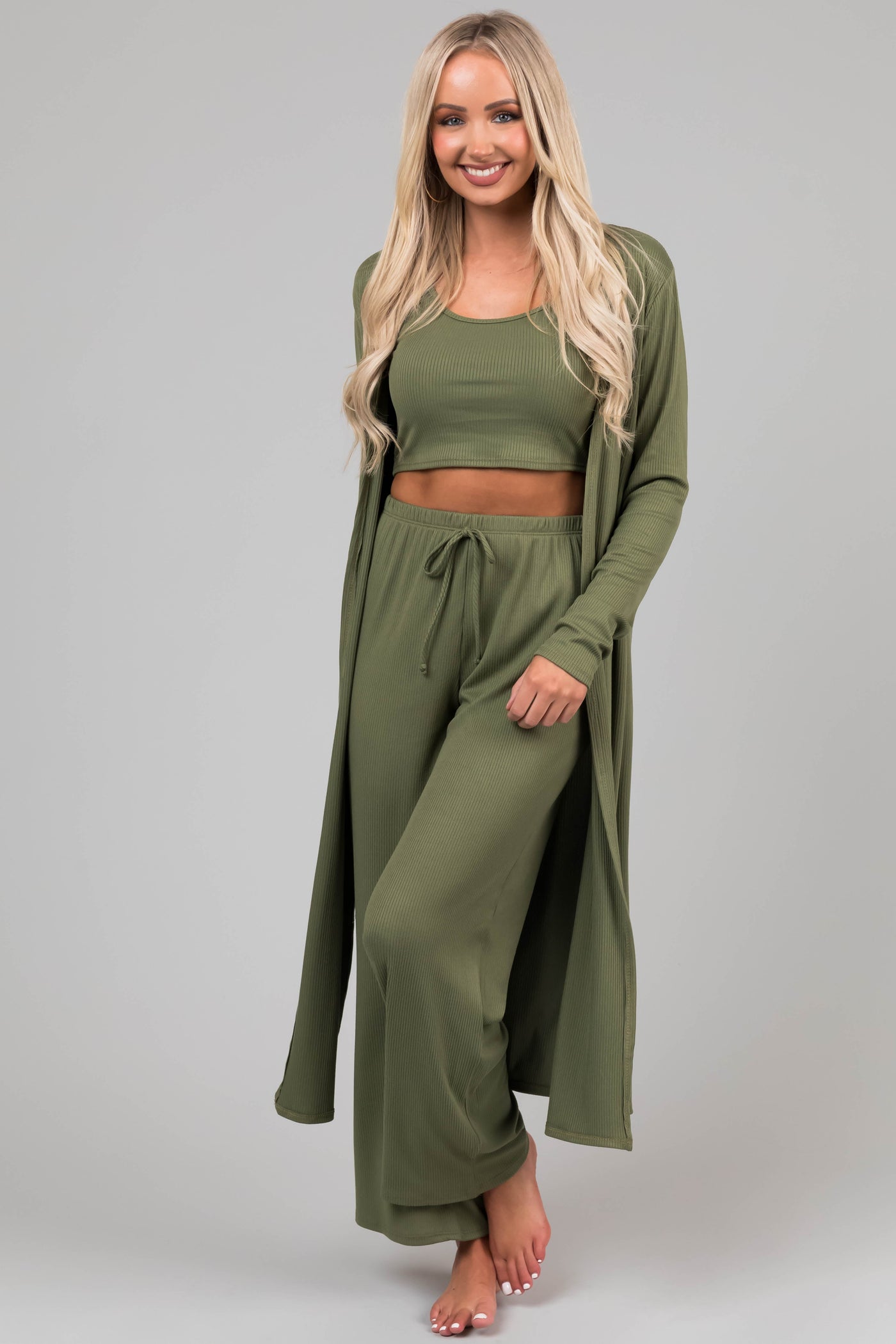Olive Long Sleeve Cardigan 3 Piece Set