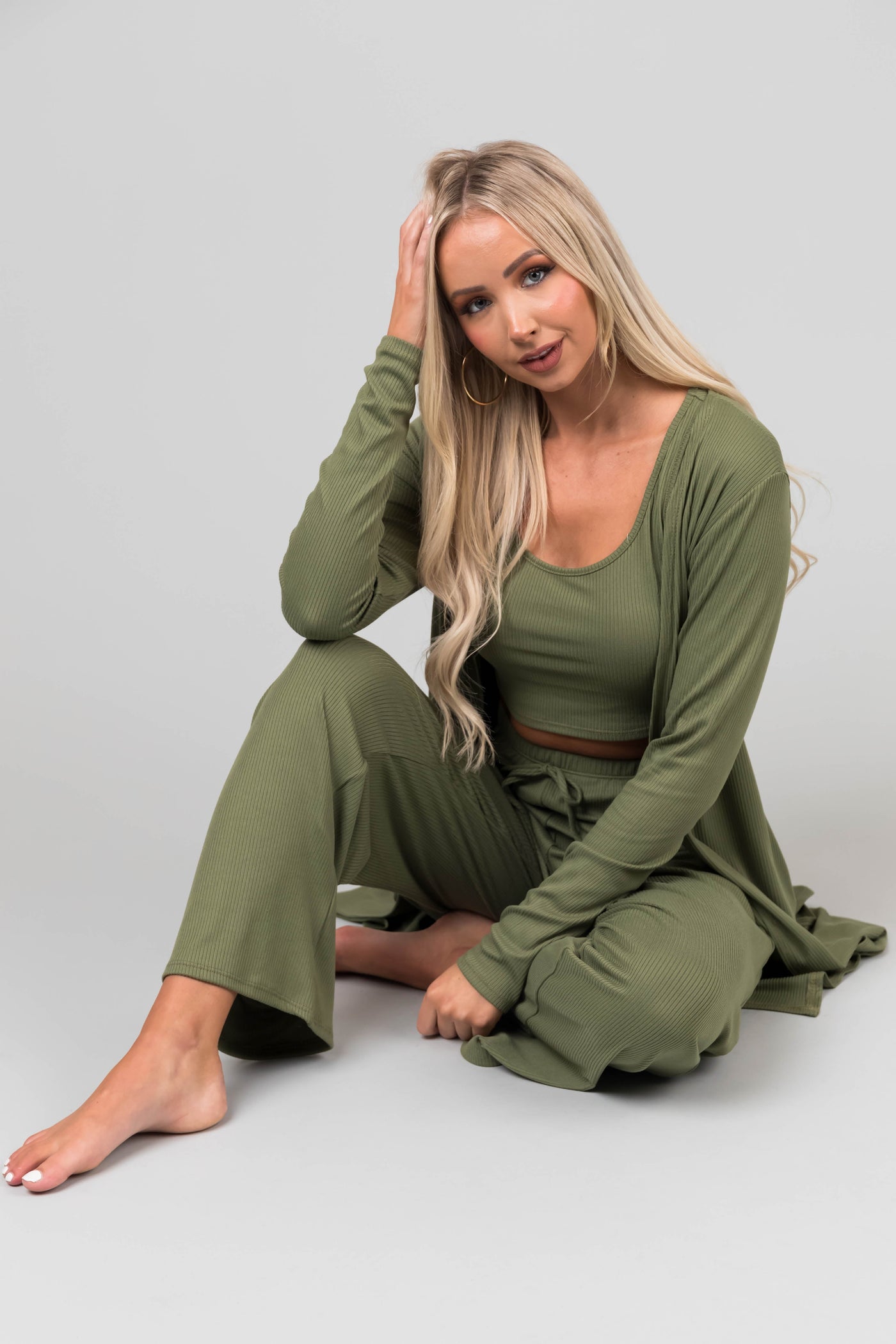Olive Long Sleeve Cardigan 3 Piece Set