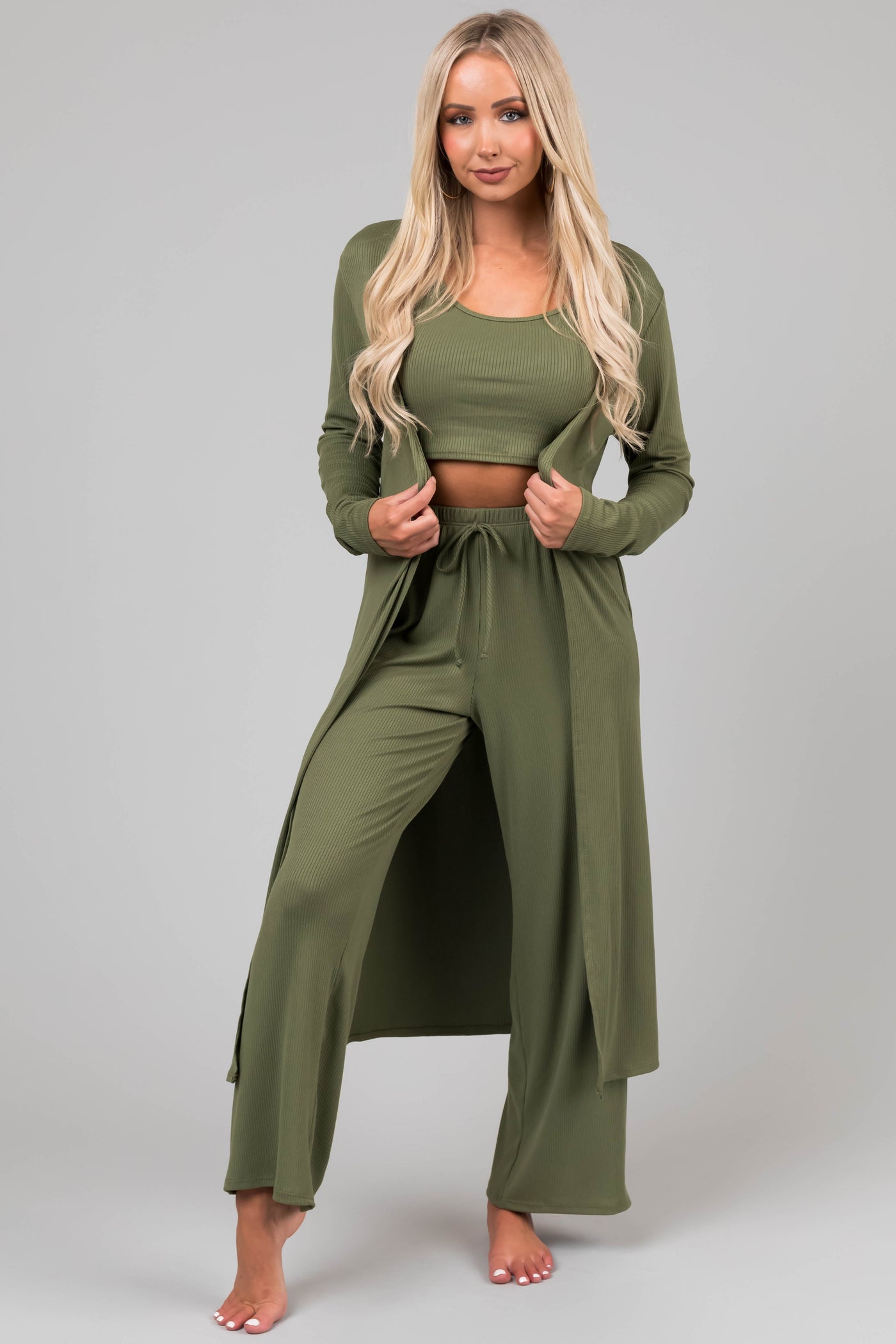 Olive Long Sleeve Cardigan 3 Piece Set