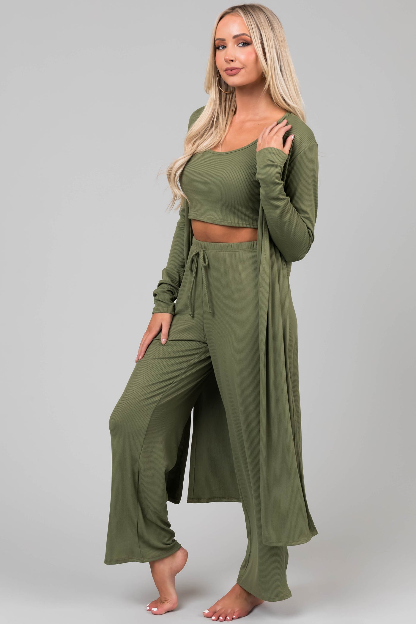 Olive Long Sleeve Cardigan 3 Piece Set