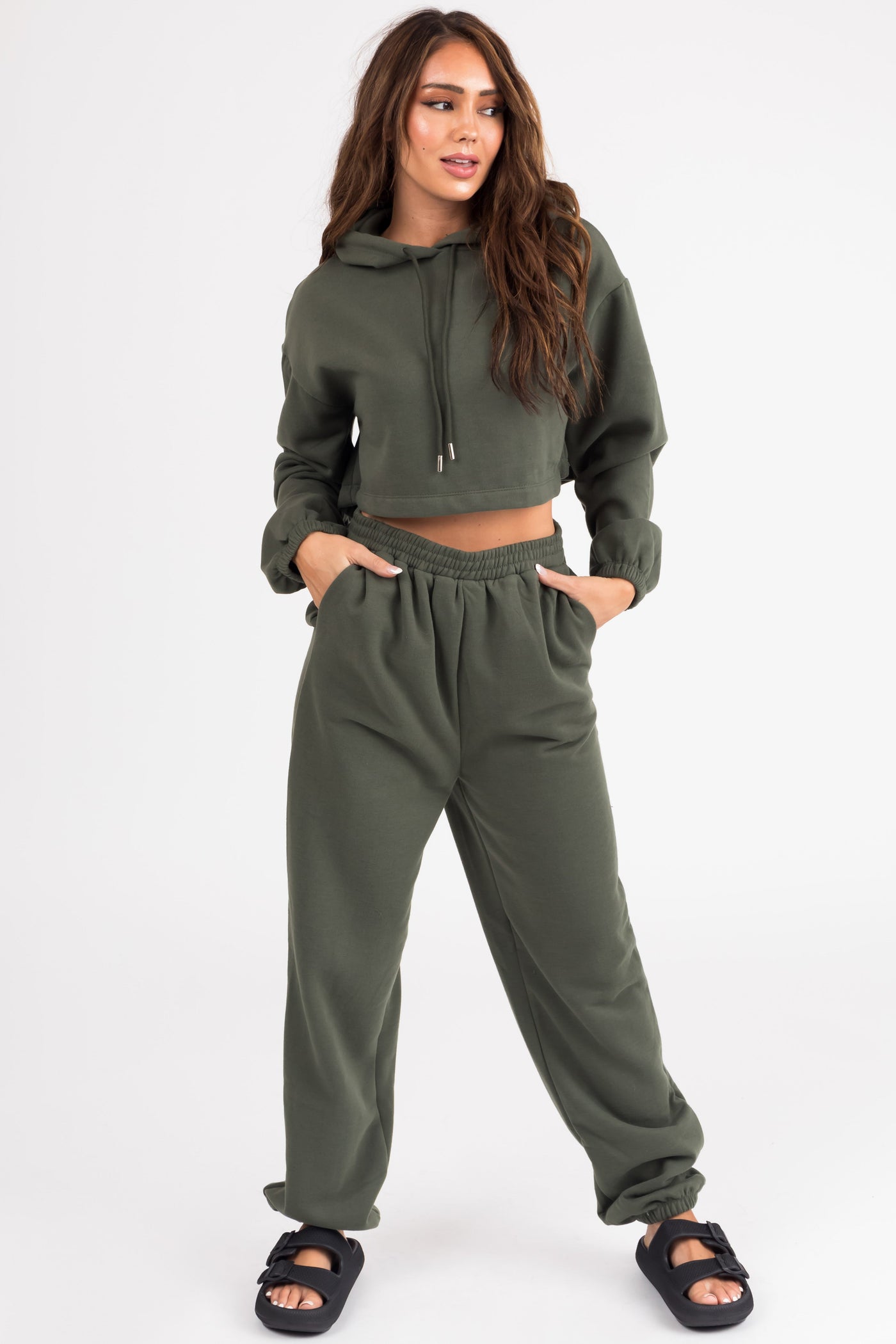 Olive Long Sleeve Crop Top and Jogger Set
